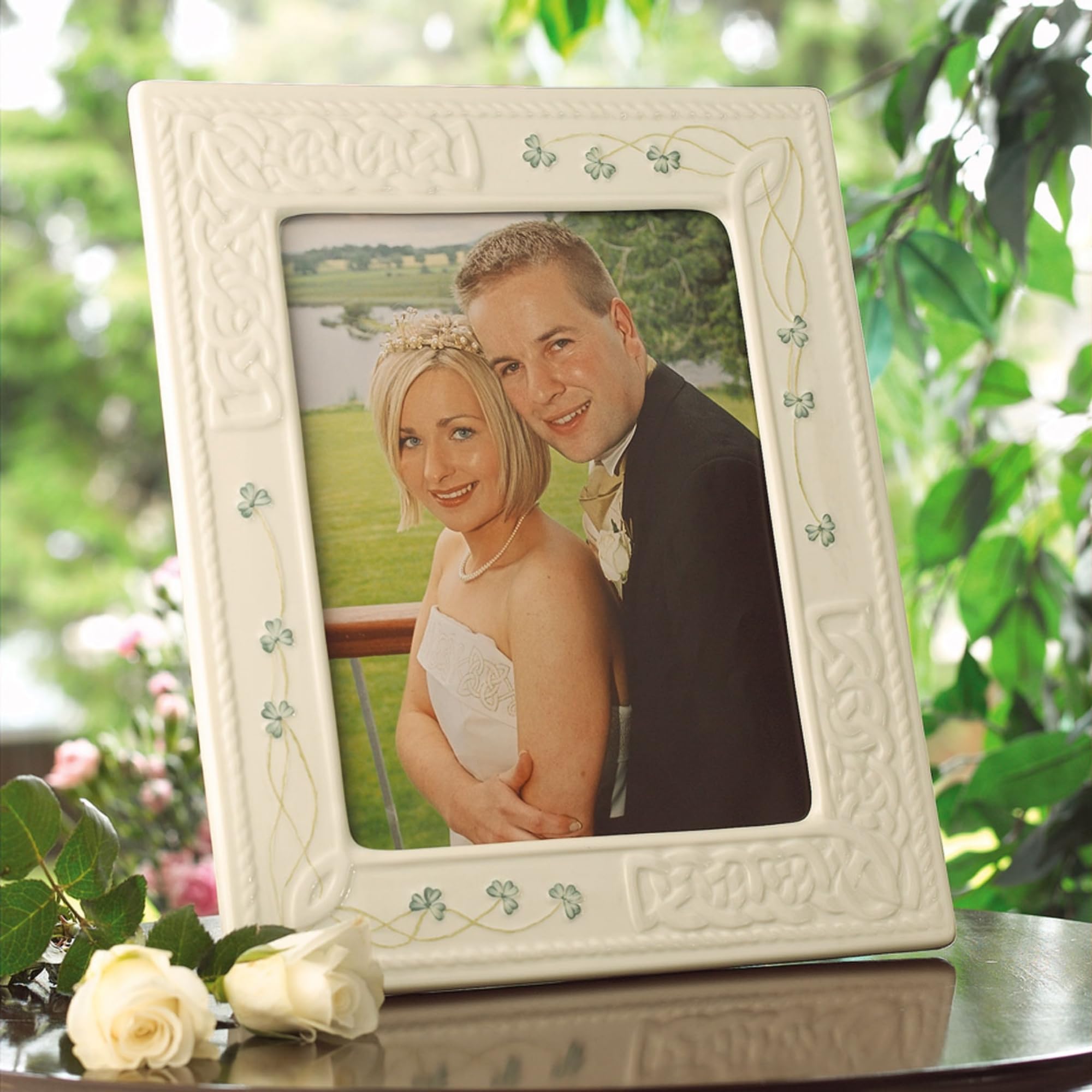 Belleek Tara 8x10 Wedding Picture Frame - Handcrafted Fine Parian China White Photo Frame with Shamrock Design - Perfect for Irish Home Decor, Wedding Gifts & Anniversary Presents