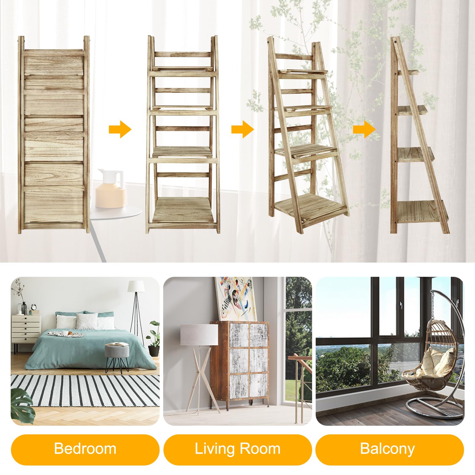 ECOMEX 4-Tier Wooden Ladder Shelf - Rustic Style Folding Bookshelf & Plant Stand for Indoor Decor, Living Room, Bedroom, or Office | Perfect for Displaying Books, Plants, and Decorative Items