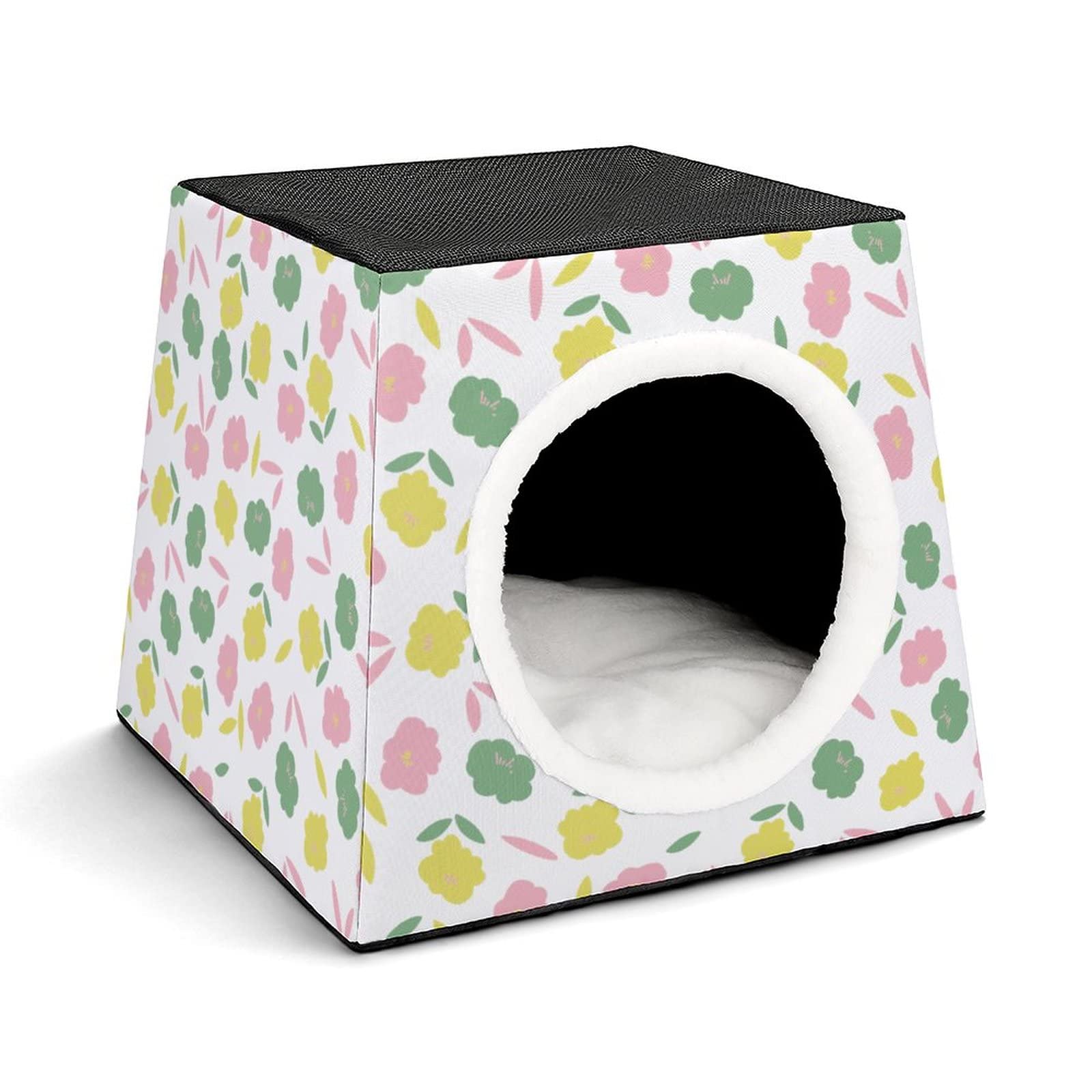 3-in-1 Foldable Cat House with Removable Cushion - Convertible Cat Bed, Sofa & Scratching Toy for Indoor Cats (Green Pink Floral Design) - Perfect for Small Spaces, Apartments & Cozy Pet Napping Areas