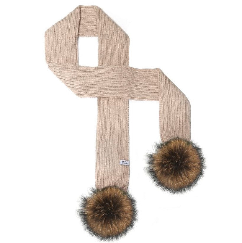 Luxury Taupe Fur Pom Scarf with Chestnut Fur Trim - Warm Winter Fashion Accessory for Women, Perfect for Cold Weather & Outdoor Activities