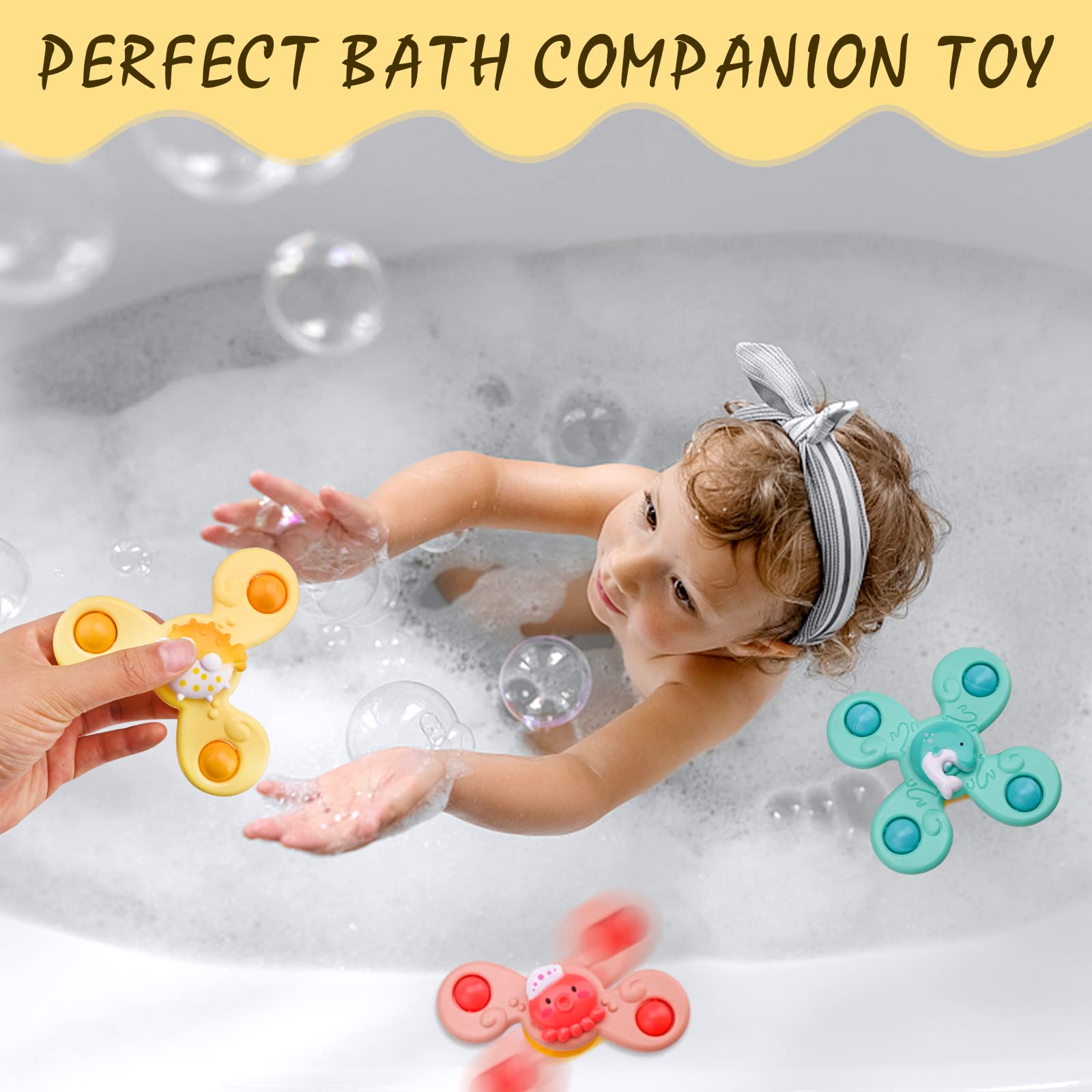 3-Piece Suction Cup Spinning Top Toy Set - Cartoon Ocean Spinner for Baby High Chair, Bathtub & Table Play - Sensory Rotation Game for Toddlers - Fun Developmental Gift for Kids (Dining, Bath Time & Sensory Play)