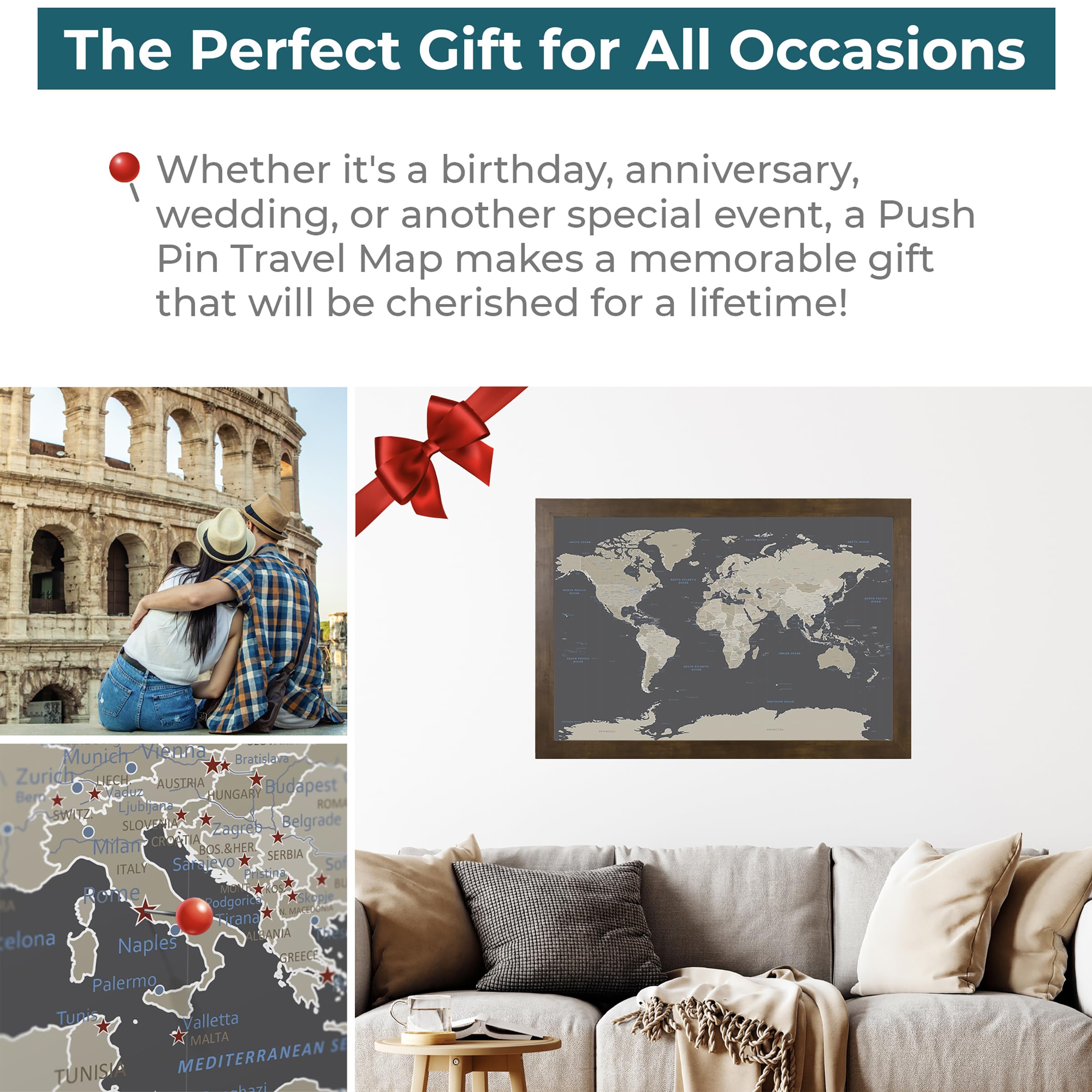 Custom Push Pin Travel Map - Rustic Brown Framed World Wall Art with 150 Pins | Handmade in USA | 27.5x39.5 Inches | Perfect for Home Office Decor & Travel Enthusiast Gifts