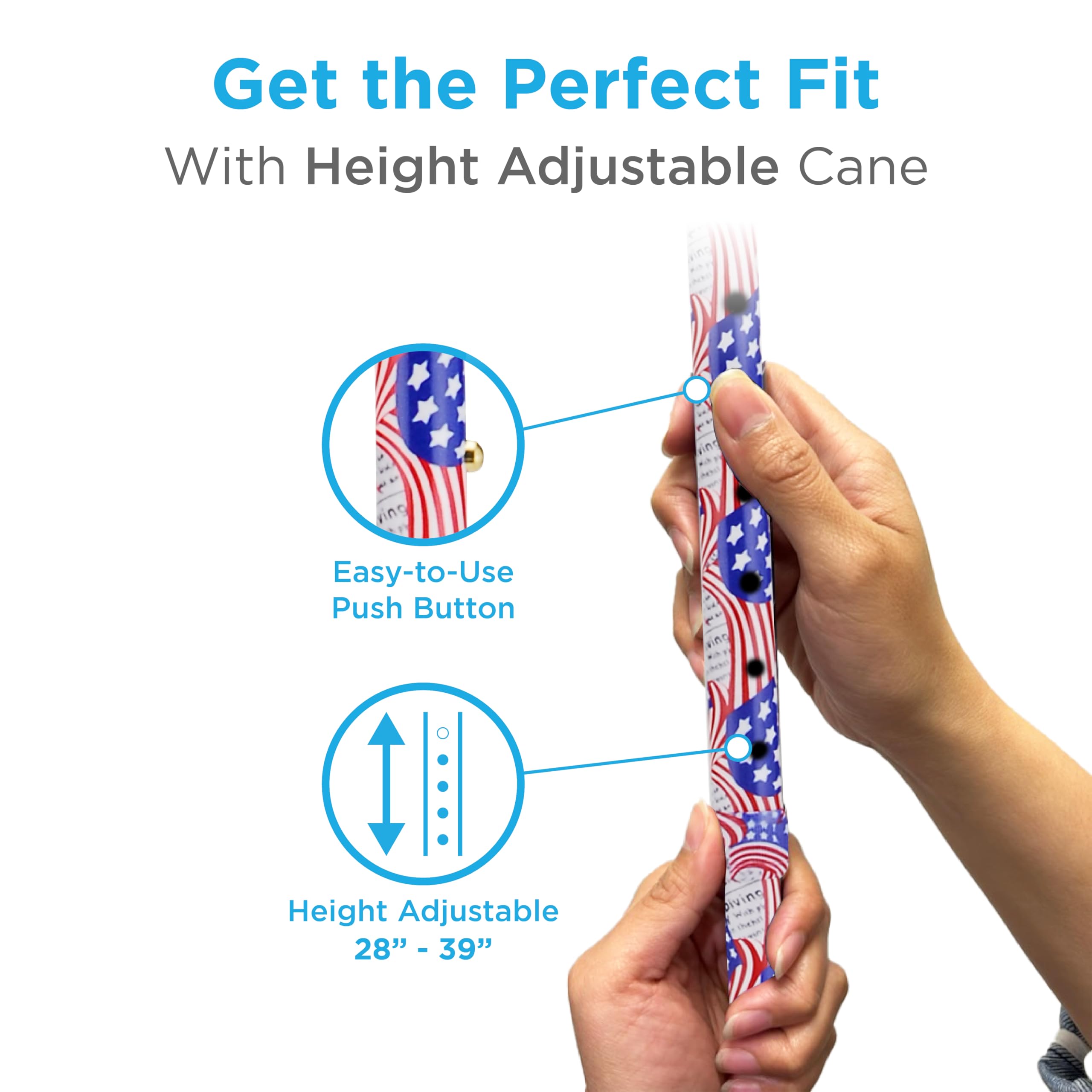 Premium Adjustable Walking Cane with Offset Handle - Lightweight Mobility Aid with Carrying Strap & Patriotic Stars and Stripes Design - Ideal for Seniors, Hiking, Travel & Daily Support