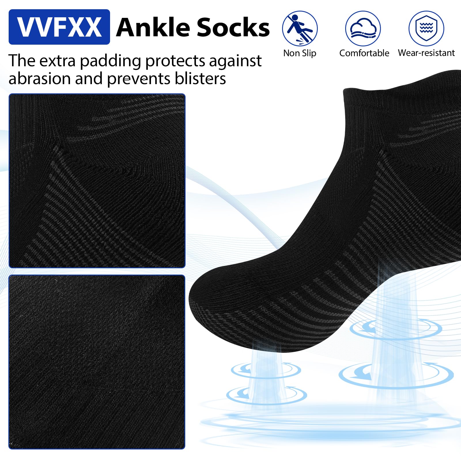 VVFXX Men's Athletic Running Socks - 6 Pairs No Show Ankle Socks with Compression Support for Sports, Gym & Daily Wear - Breathable Moisture Wicking Workout Socks for Men