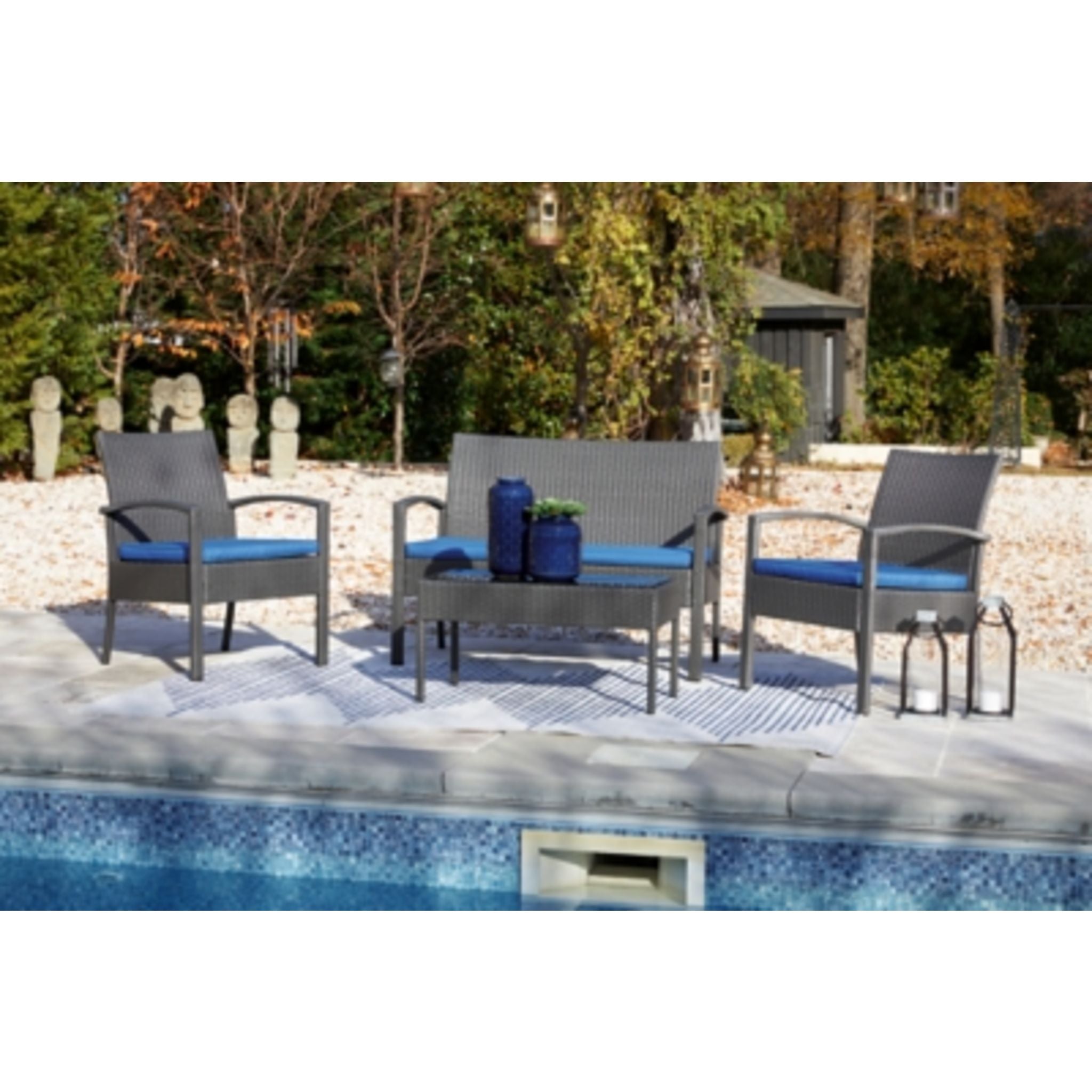 Premium 4-Piece Outdoor Patio Furniture Set - Waterproof Gray & Blue Cushioned Seating for Garden, Poolside, and Backyard Relaxation