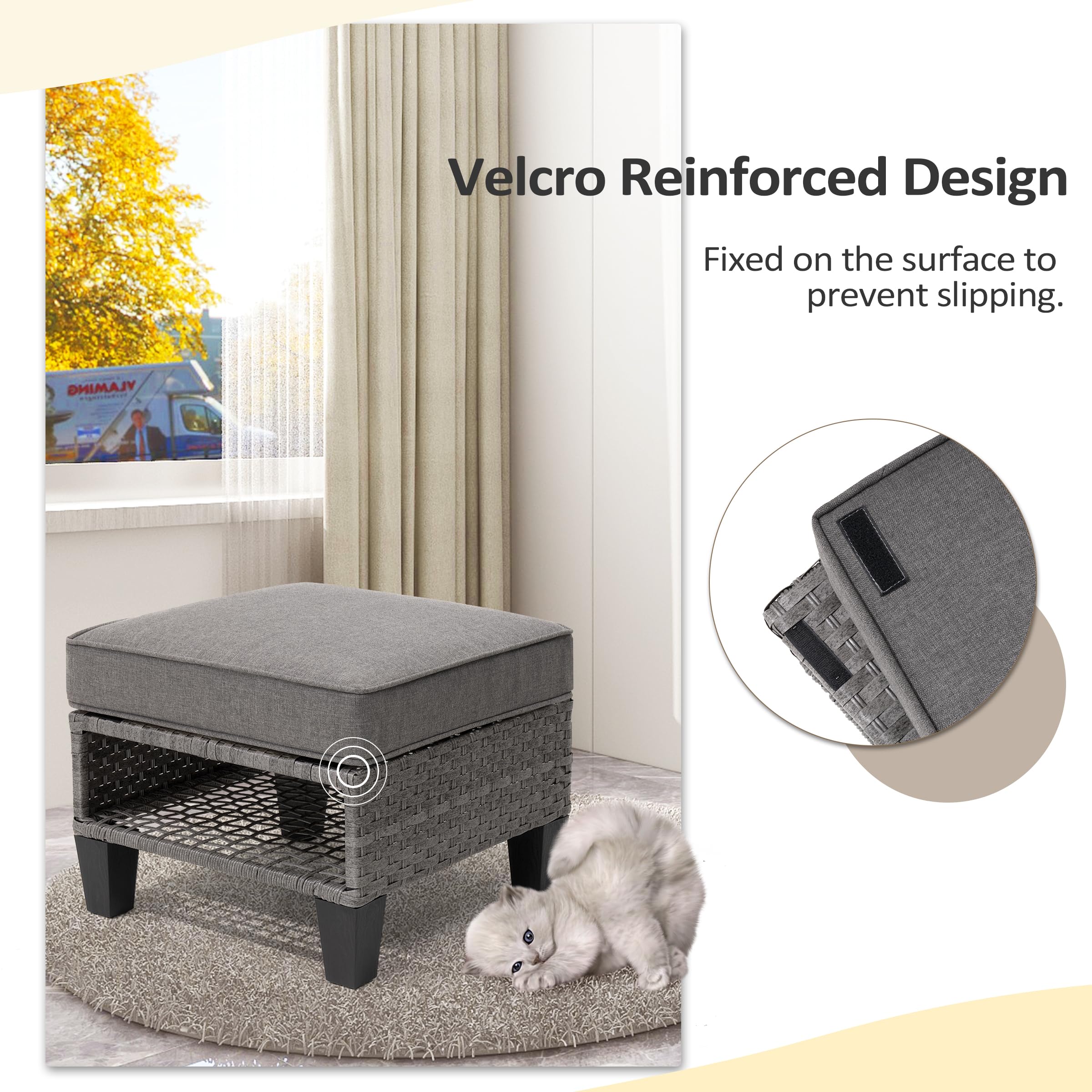 2-Piece Outdoor Patio Wicker Ottoman Set with Removable Cushions - Indoor Rattan Footrest Seat for Living Room, Bedroom, Balcony, Backyard & Garden - Perfect for Relaxing and Decorating Your Home