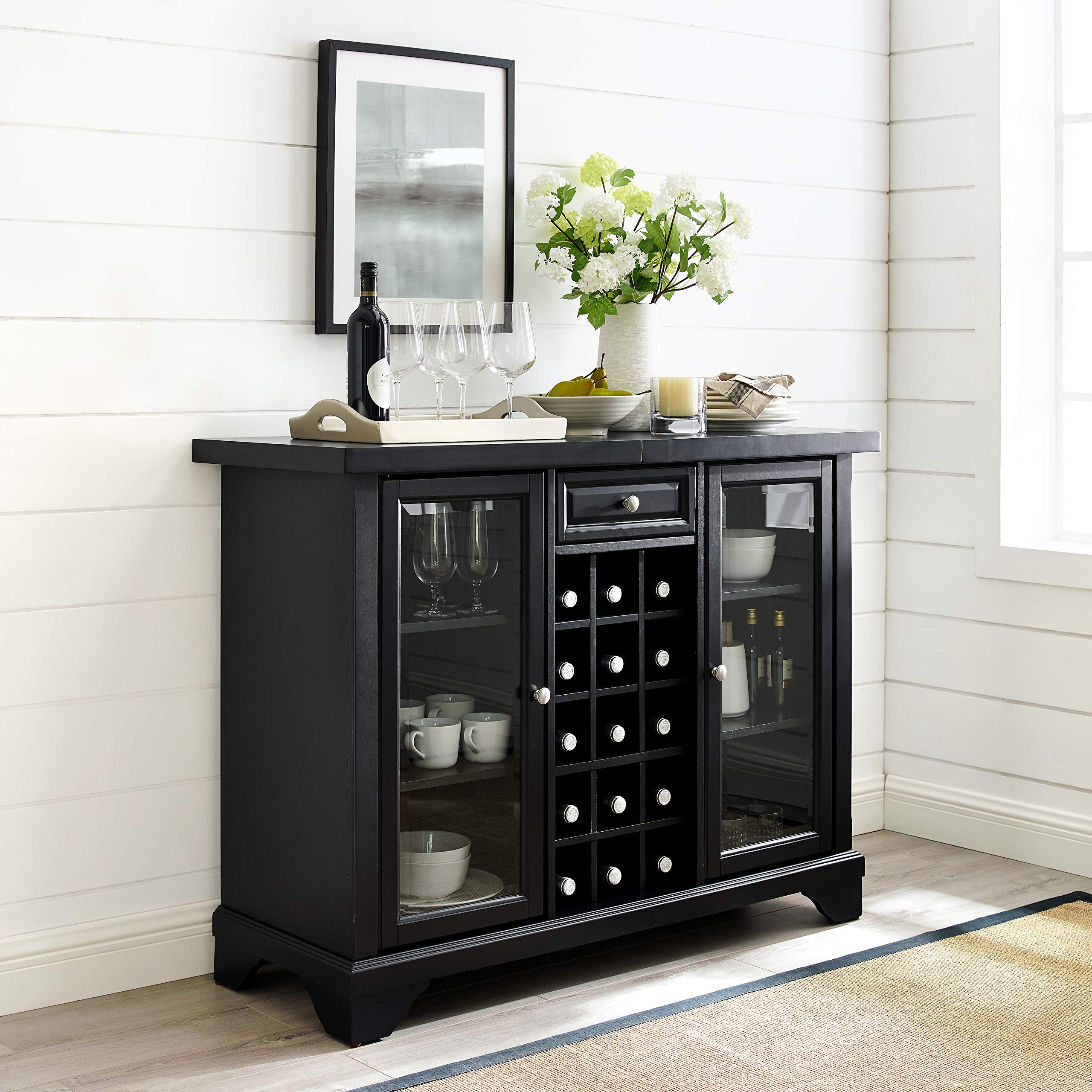 Crosley Lafayette Sliding Top Bar Cabinet with Storage Shelves, Drawer & Wine Rack - Black | Home Bar Furniture for Living Room, Dining Room & Entertainment Spaces