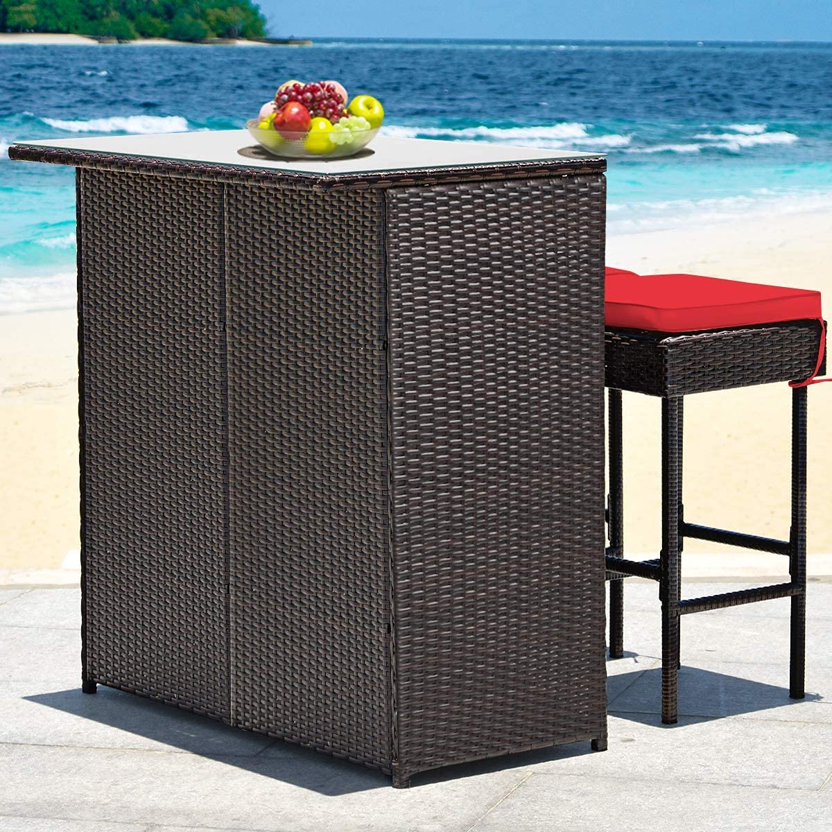 Outdoor Patio Bar Set - 3-Piece Wicker Rattan Bar Stools & Glass Top Table with 2 Storage Shelves & Cushions - Perfect for Lawn, Pool, Backyard, Garden, Porch (Red) | Ideal for Outdoor Entertaining, Relaxing & Dining Al Fresco