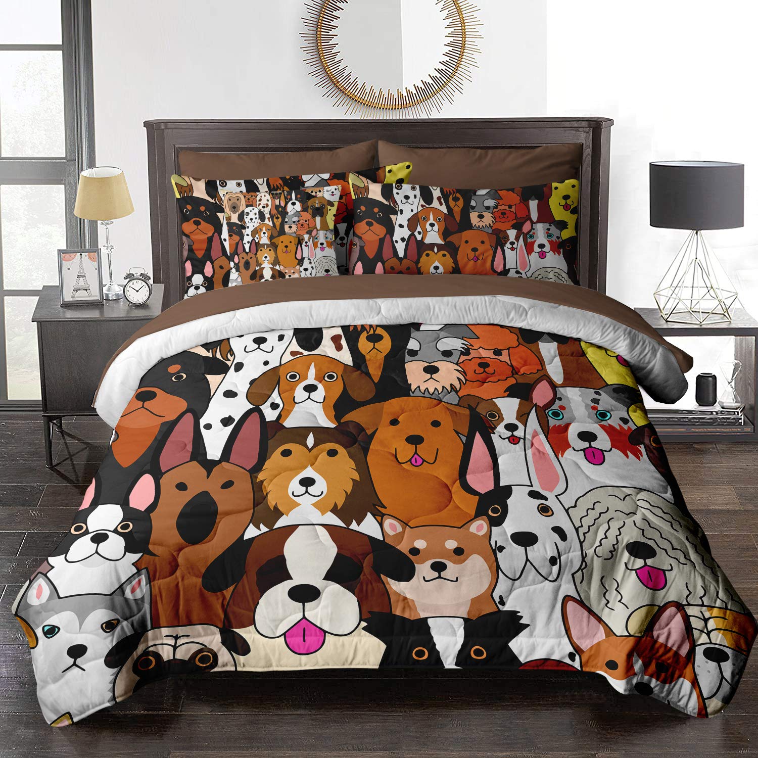 BlessLiving 8-Piece Colorful Dog Comforter King Size Bedding Set - Cute Animal Print for Kids, Boys & Girls (1 Comforter, 2 Pillow Shams, 1 Flat Sheet, 1 Fitted Sheet, 1 Cushion Cover, 2 Pillowcases) - Perfect for Kids' Bedrooms, Dorm Rooms & Cozy Pet-Themed Decor