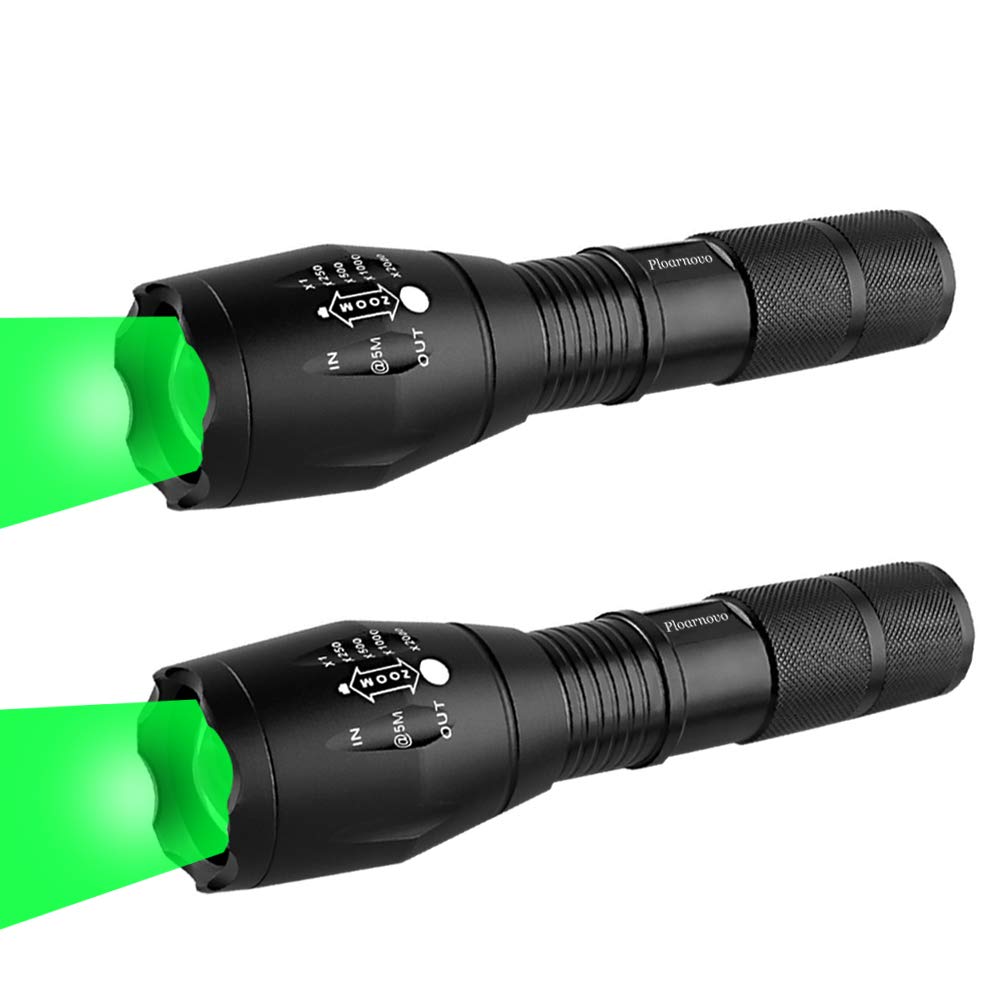 Green LED Hunting Flashlight - Zoomable, Waterproof & Shockproof Handheld Light for Night Hunting, Fishing, Hog, Pig, Coyote, Varmint & Predator Hunting - Perfect for Rifle Mounting & Outdoor Adventures (2 Pack)