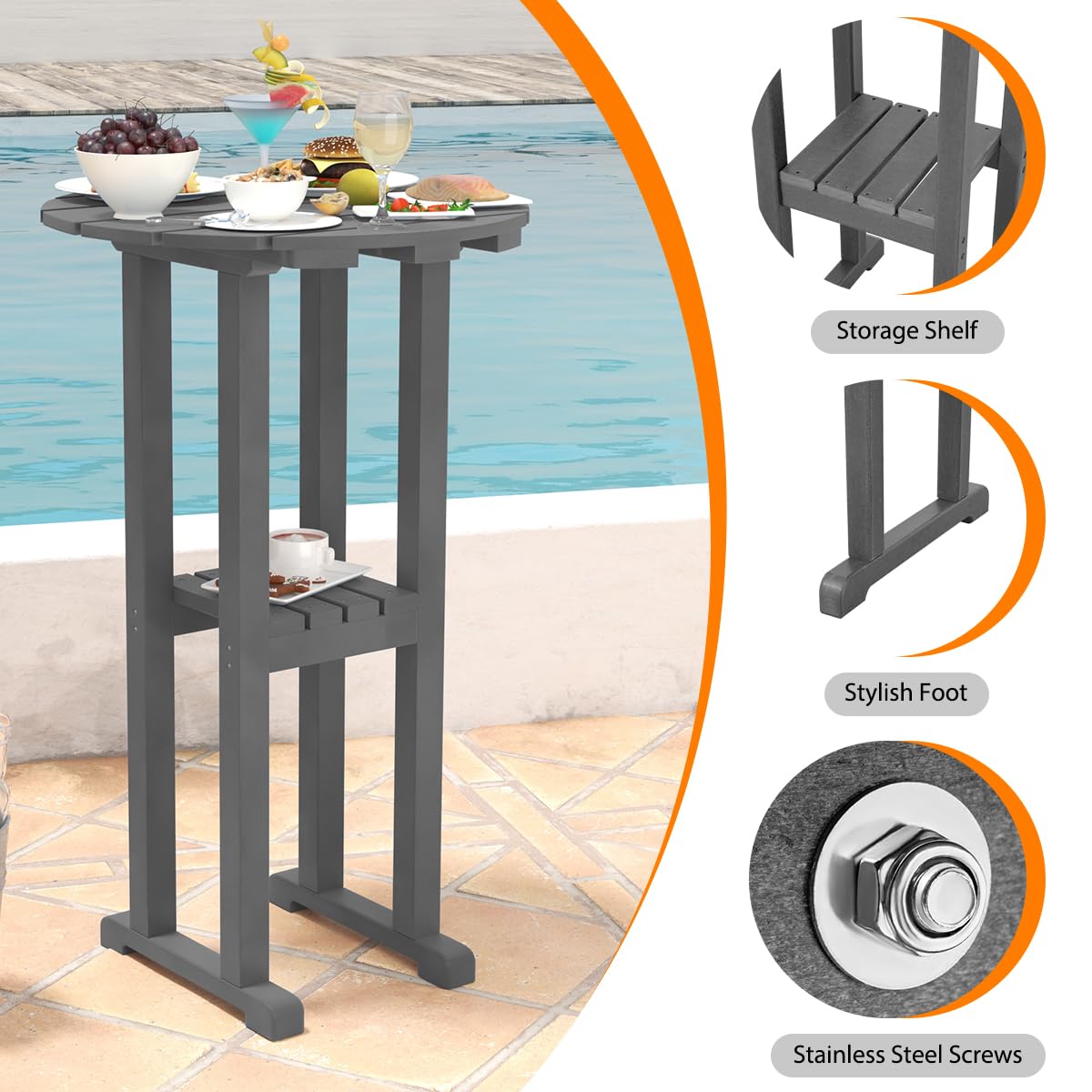 Sundale Outdoor 3-Piece Adirondack Bar Set - 2 Counter Height Adirondack Chairs & Round Side Table - Durable HDPE Stools for Patio, Deck, or Garden - Gray Bistro Dining Furniture for Outdoor Entertaining