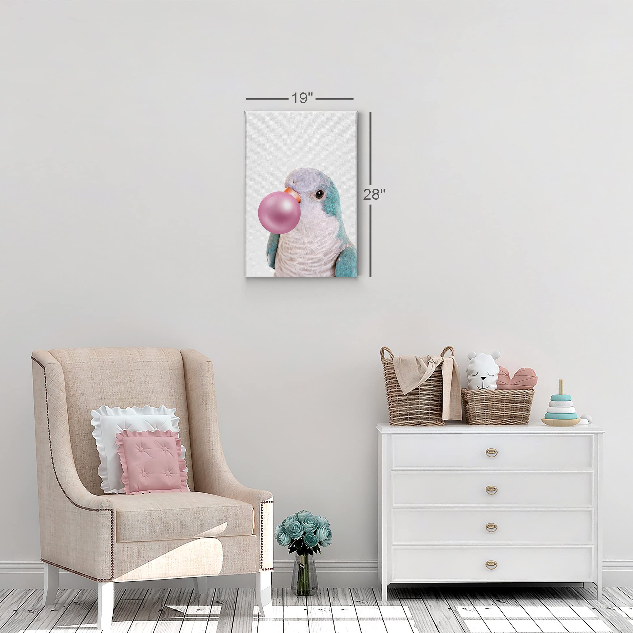 Monk Parakeet Quaker Parrot Chewing Pink Bubble Gum Canvas Wall Art Print - 36x24 Inch Pet Bird Lover Gift, Animal Pop Art Decor for Living Room, Bedroom, Nursery & Kids Room - Perfect for Bird Enthusiasts & Unique Home Decor