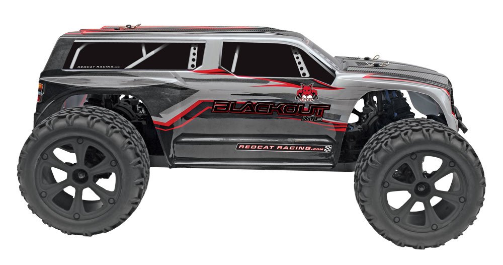 Redcat Racing Blackout XTE 1/10 Scale Electric Monster Truck - Waterproof RC Car for Off-Road Bashing, Silver/Red SUV Body (Blackout-XTE-SILVERSUV) | Ideal for Backyard Racing & Outdoor Adventure
