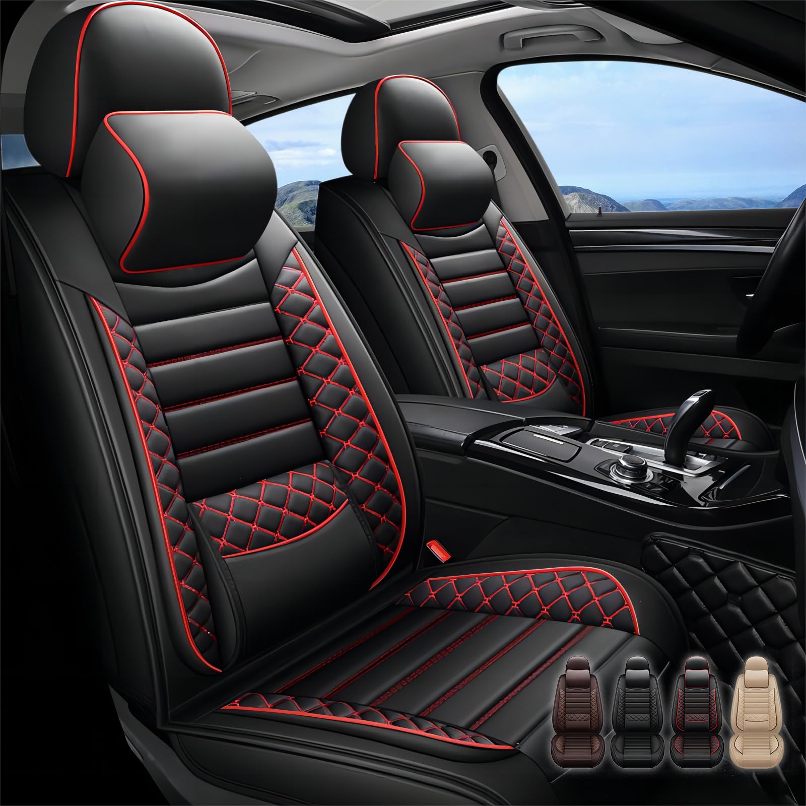 Premium 5-Seat Waterproof Breathable Leather Car Seat Covers - Airbag Compatible Full Set with Pillows (Black & Red) | Perfect for SUVs, Sedans & Family Vehicles - Enhances Comfort & Protects Upholstery