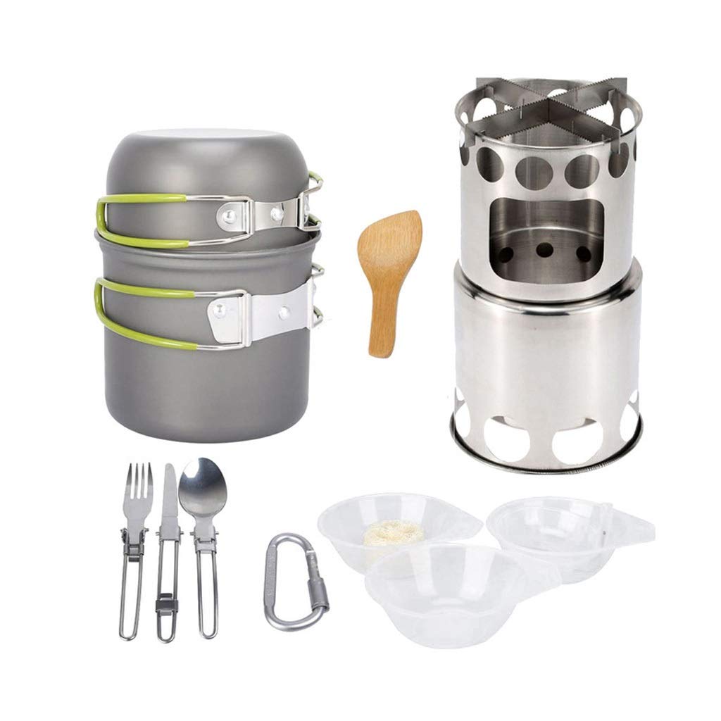 RENSLAT Portable Camping Stove Set - Lightweight Outdoor Cookware with Folding Wood Stove, Mess Kit, Pot, Bowls & Utensils (Spoon, Fork, Cutter) - Perfect for Backpacking, Hiking & Picnics (Color: B)