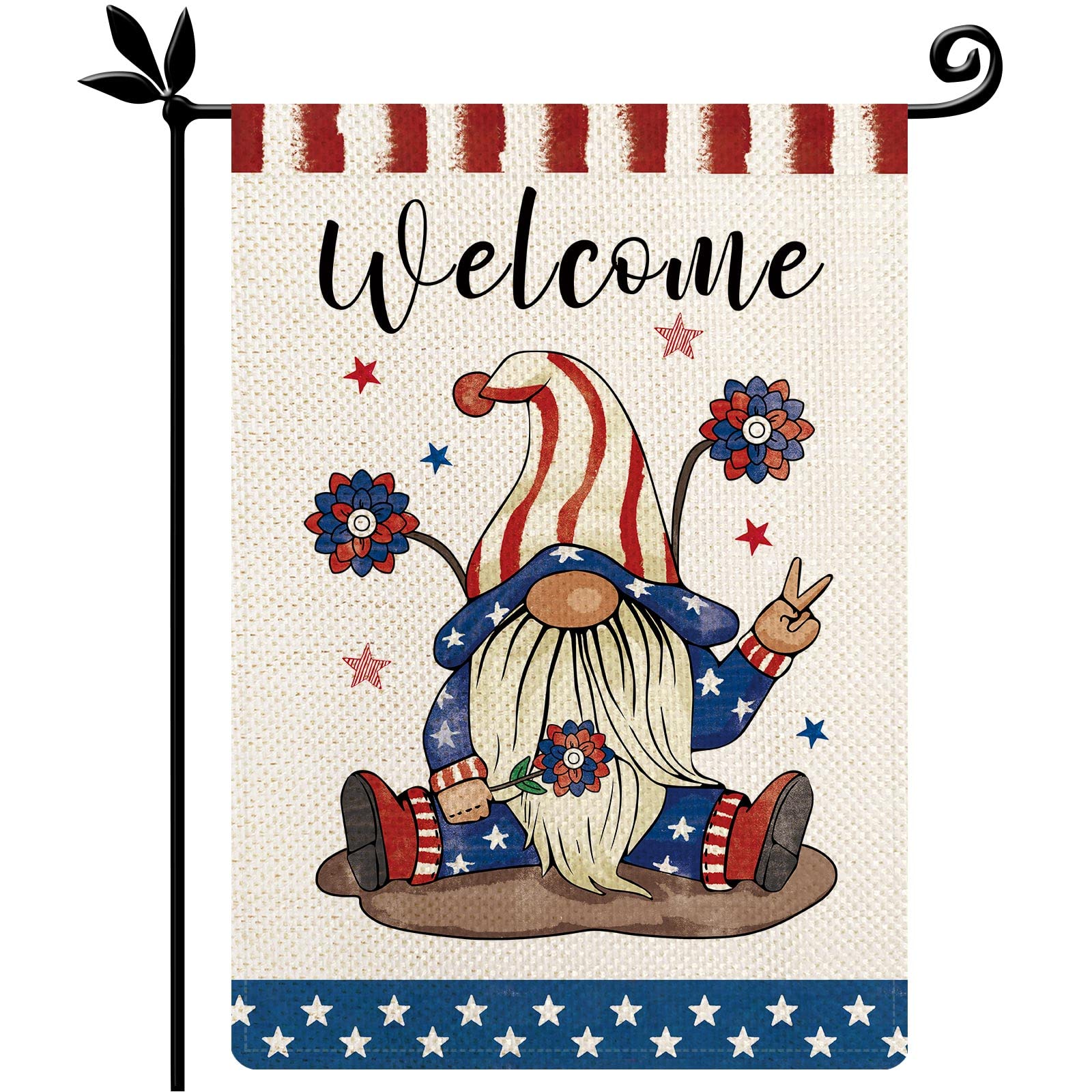 YOVOYOA Patriotic Gnomes Welcome Garden Flag - 12.5 x 18 Inch Double Sided American Flag with Stars & Stripes Floral Design - 4th of July USA Burlap Vertical Yard Flag for Lawn, Patio, Garden Decor - Perfect for Independence Day, Memorial Day & Summer Outdoor Celebrations