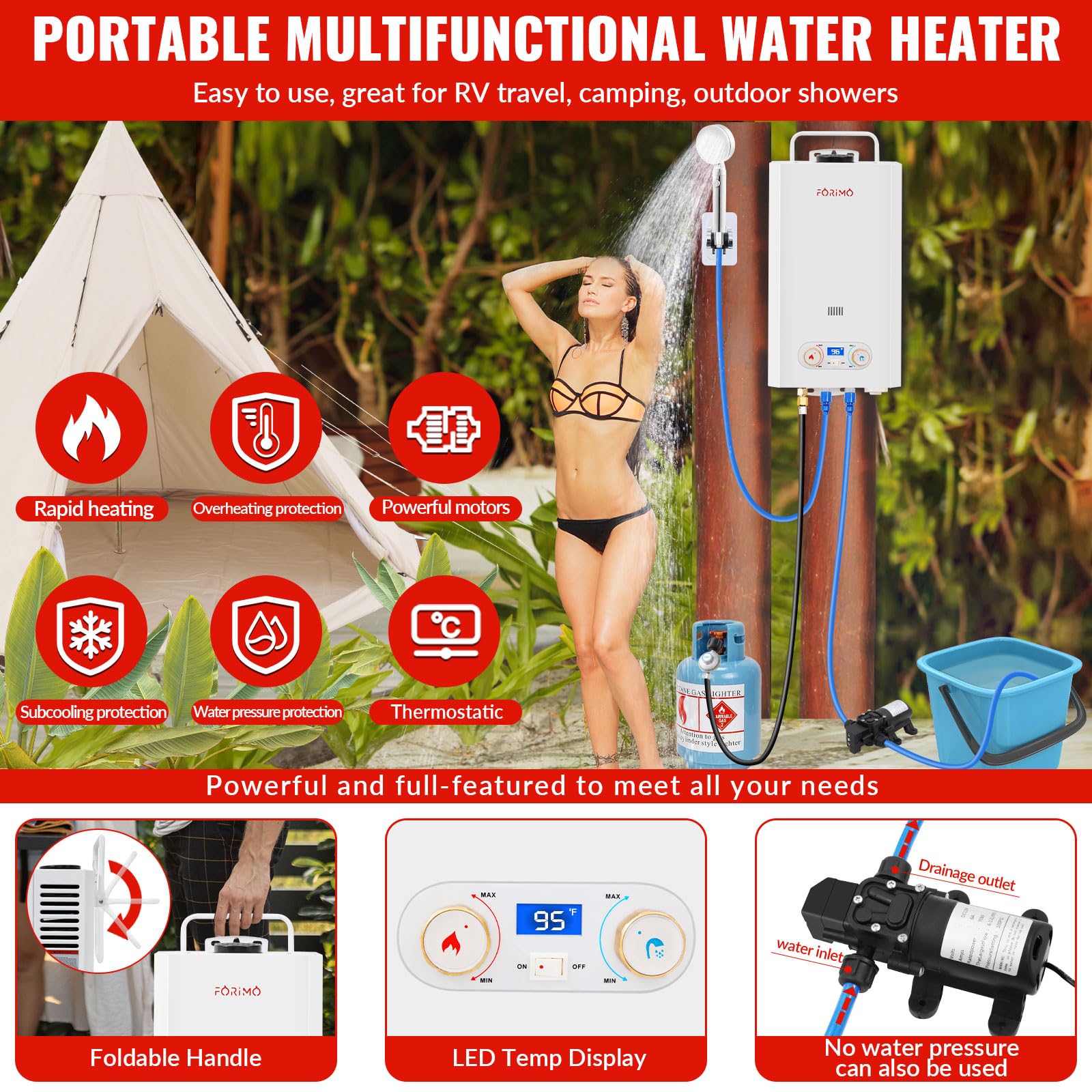 **2.11GPM 8L Outdoor Portable Propane Tankless Water Heater with Digital Display & 2GPM Water Pump - Instant Hot Water for Camping, Boating, RV & Cabin Use**