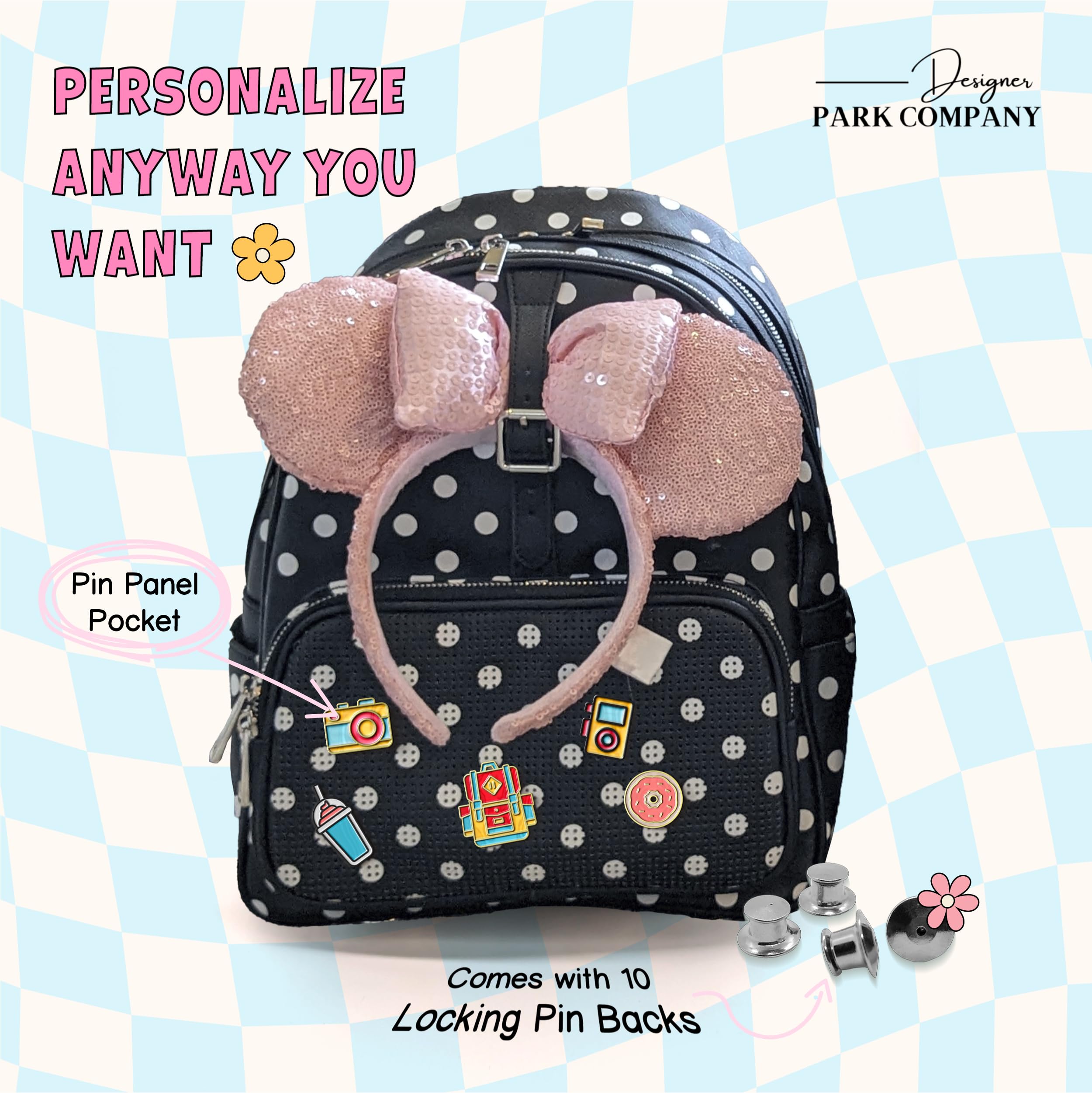 Designer Park Company - Stylish Leather Rope Drop Backpack for Women | Adjustable Straps, Hydration Kit & Locking Pins | Perfect for Theme Parks, Travel & Everyday Use - Minnie Dot Pattern