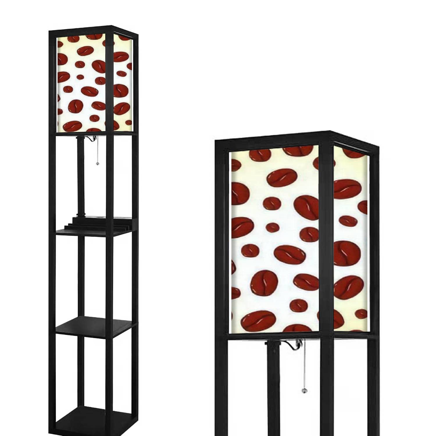 Modern Brown Cartoon Coffee Bean Floor Lamp with Shelves, USB Ports & Power Outlet - Linen Fabric Shade Tall Standing Lamp for Living Room & Bedroom - Perfect for Reading Nooks, Home Office Lighting, and Cozy Corner Decor