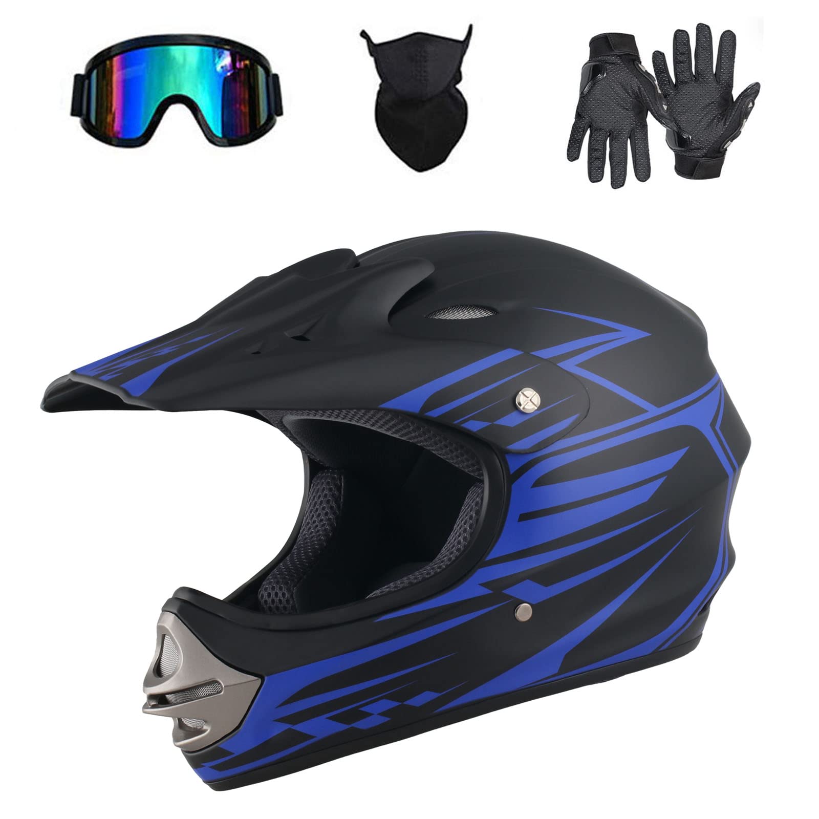 **Youth & Kids Motocross Helmet - DOT Certified Full Face Dirt Bike Helmet for ATV, Offroad & Mountain Biking - 4-Piece Set - Unisex Safety Gear for Outdoor Adventures**    *(Perfect for Motocross Racing, Trail Riding, Offroad Excursions & Mountain Biking Adventures!)*