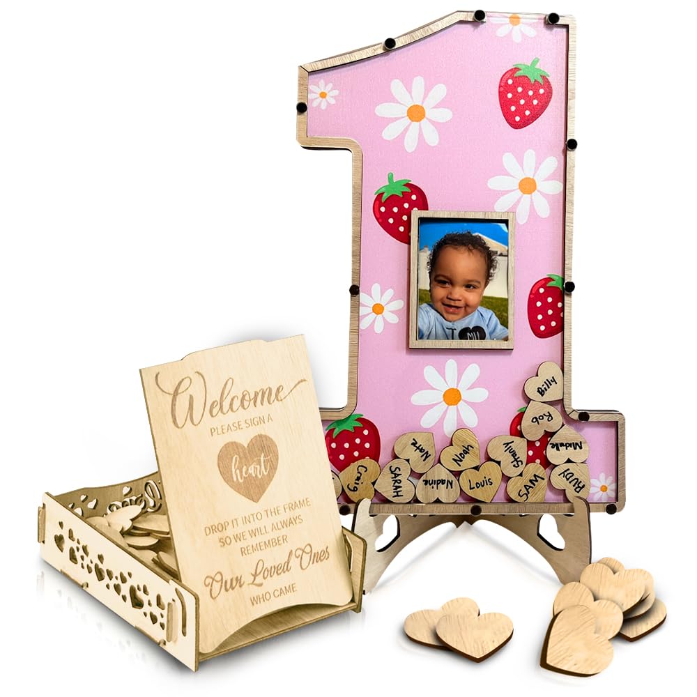 Berry First Birthday Decorations - 1st Birthday Photo Frame & Guest Book Alternative - Strawberry Themed Sweet One Centerpiece Keepsake for Baby's Milestone Celebration - Perfect for Nursery Decor, Birthday Parties & Photo Displays