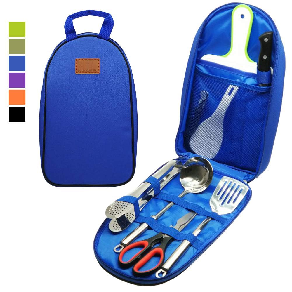Portable Camp Kitchen Utensil Organizer Set - Stainless Steel BBQ & Camping Cookware Kit with Cutting Board, Tongs, Scissors, Knife, Ladle & Spatula - Perfect for Outdoor Cooking, Picnics & RV Travel
