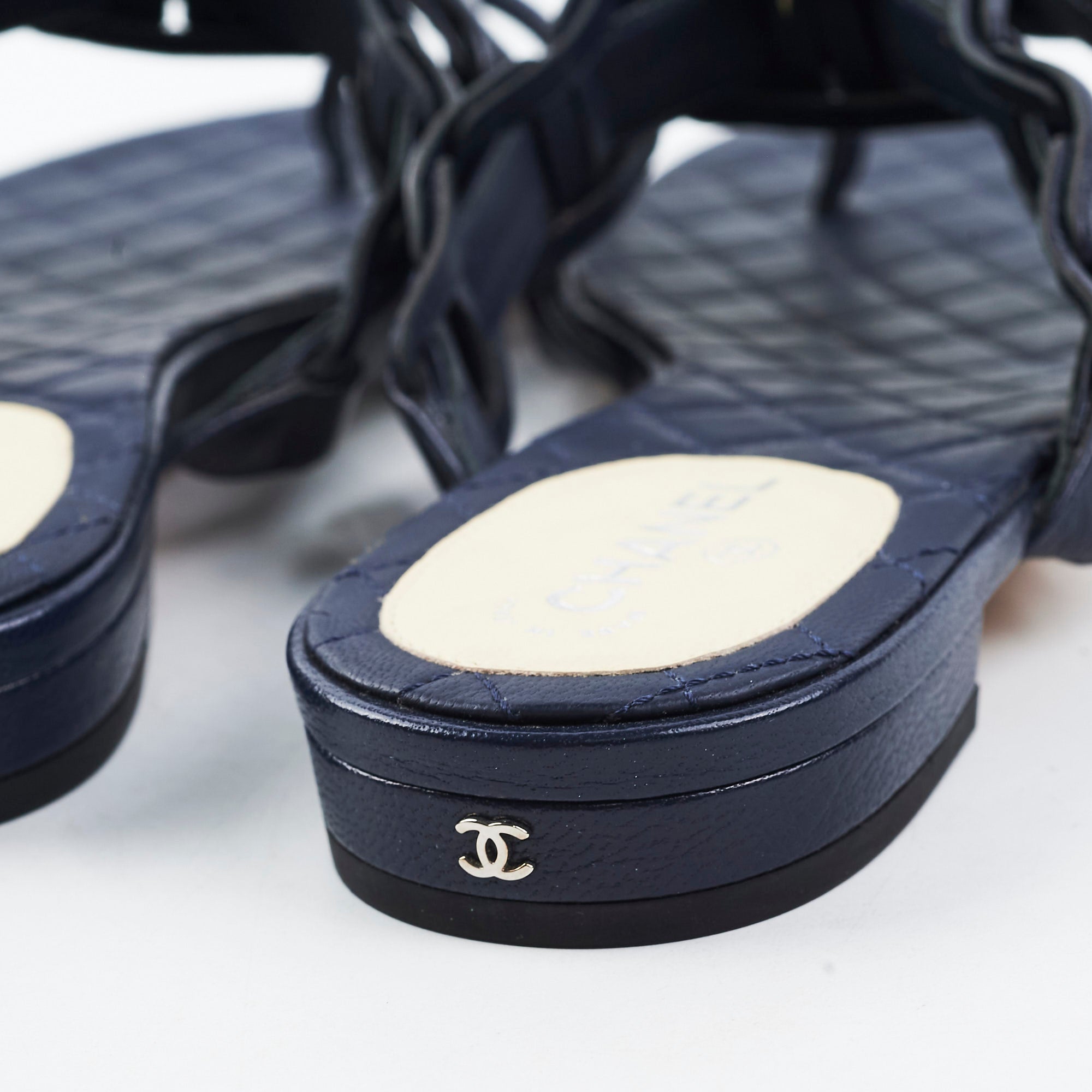 Chanel Navy Blue Leather Sandals Size 36 - Women's Luxury Designer Shoes for Summer Beach & Vacation Outfits
