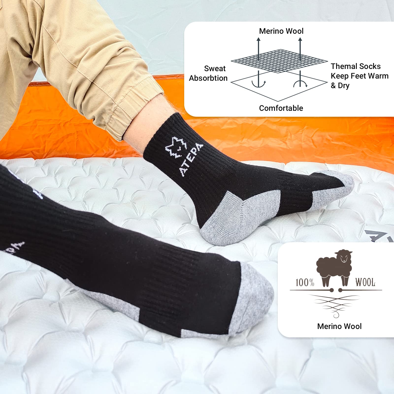 ATEPA Merino Wool Hiking Socks for Men & Women - Warm Thermal Outdoor Socks for Winter Trekking, Camping & Snow Sports (1/3/6 Pairs)