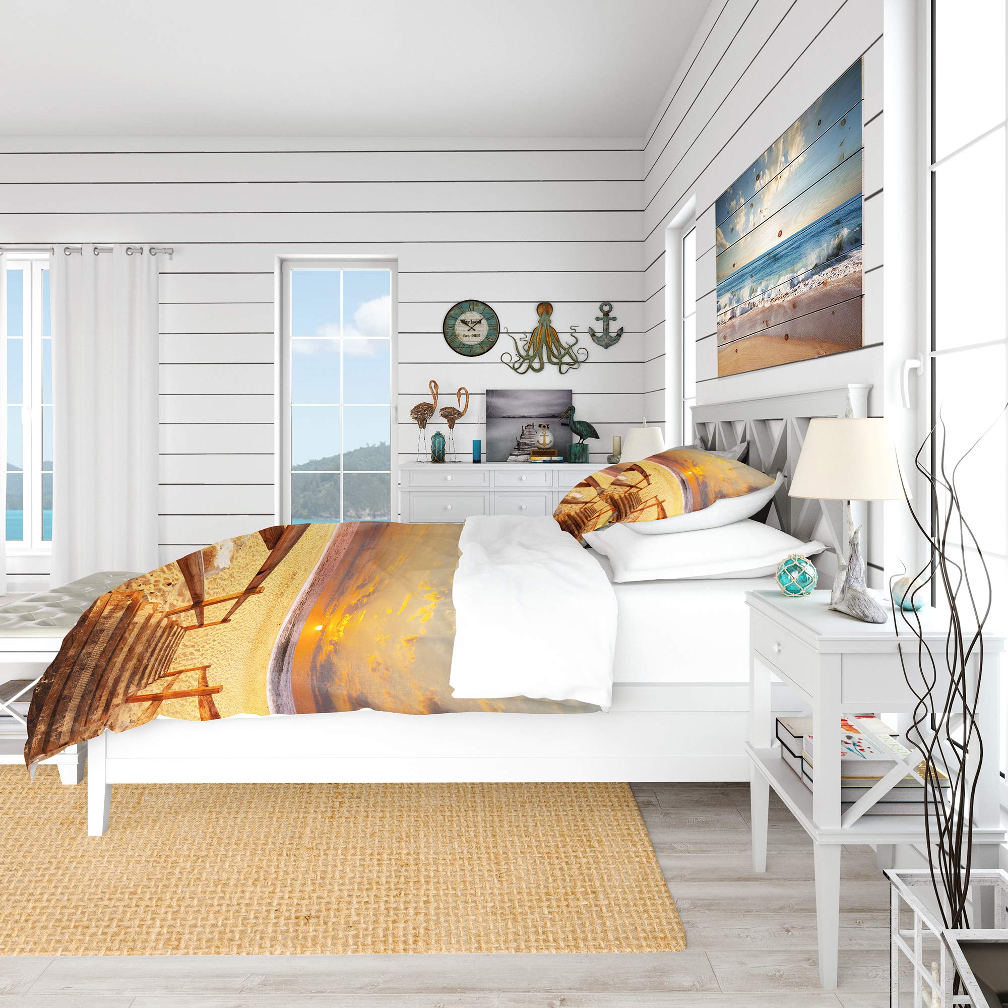 Brown Wooden Boardwalk Beach Duvet Cover Set - King Size Coastal Bedding, 3-Piece Nautical Theme All-Season Comforter Set for Beach House & Coastal Decor
