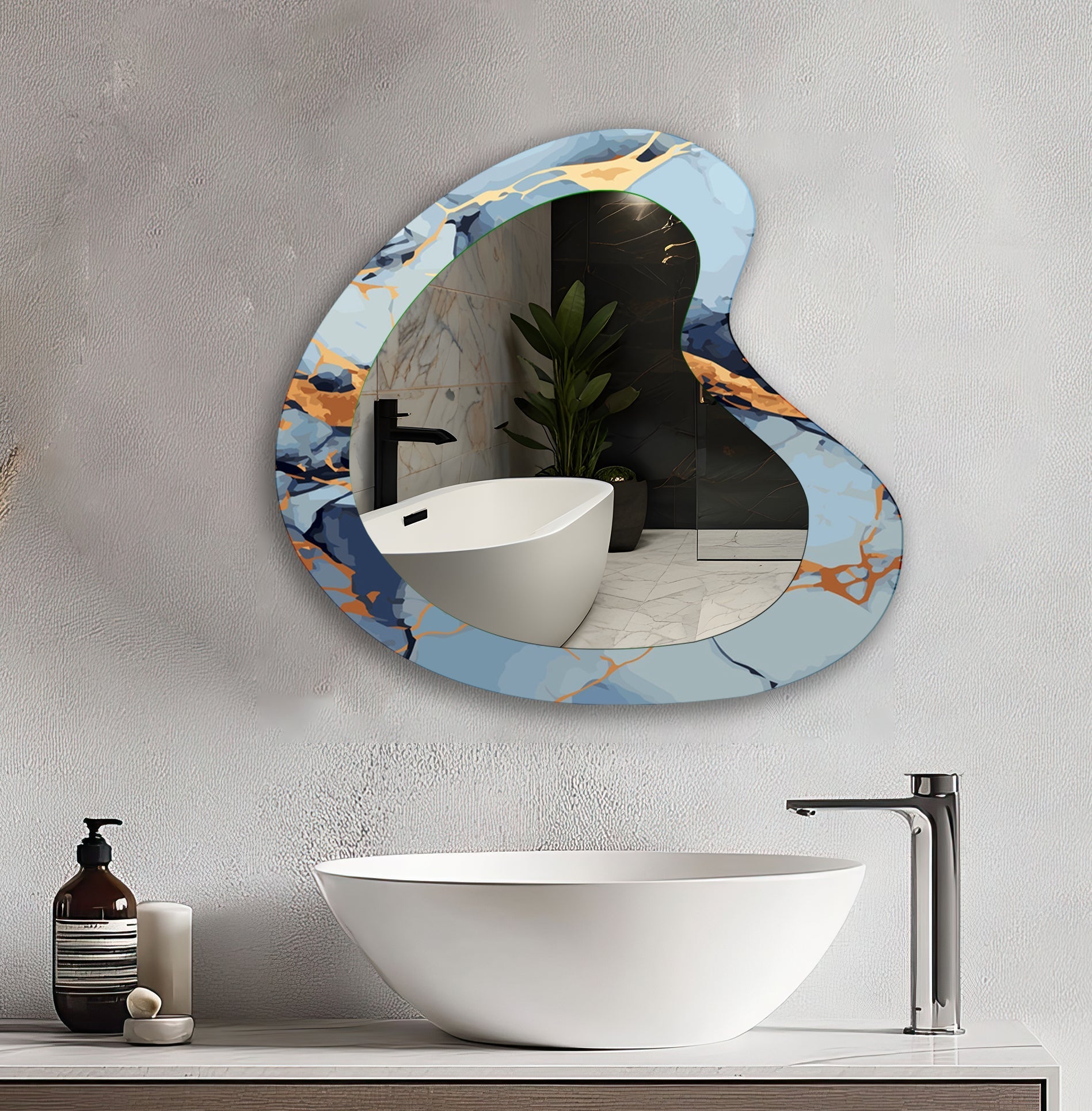 Blue Marble Irregular Decorative Wall Mirror - Modern Abstract Bathroom & Living Room Accent Piece for Home Decor