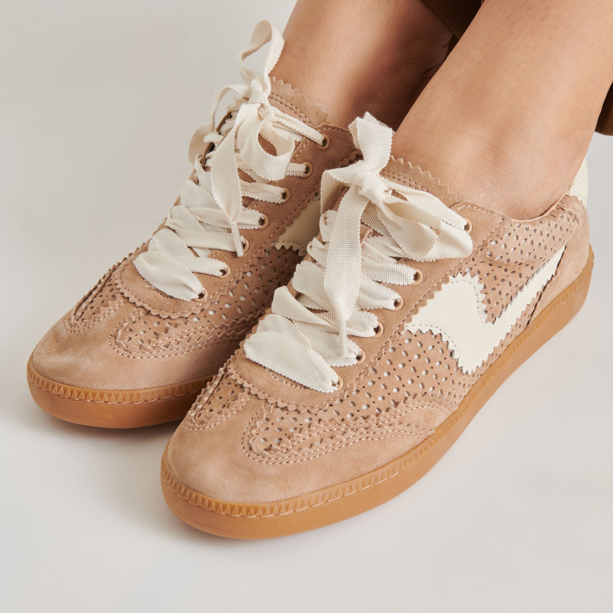 Notice Perforated Eyelet Sneakers in Camel Suede - Comfortable Casual Shoes for Women, Perfect for Walking, Work & Everyday Wear