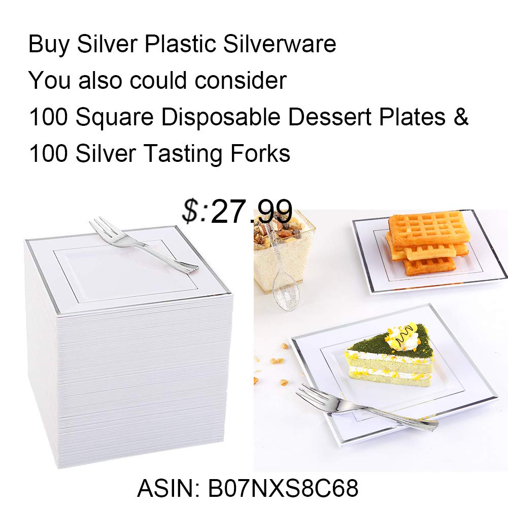 125-Piece Silver Plastic Dinnerware Set - Disposable Square Plates with Silver Rim & Cutlery (25 Dinner Plates, 25 Salad Plates, 25 Forks, 25 Knives, 25 Spoons) - Perfect for Parties, Weddings, and Catering Events