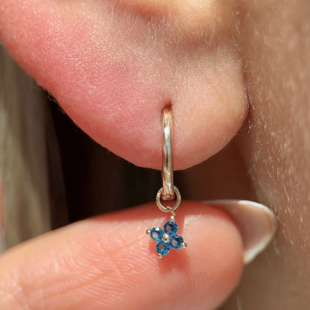 14k White Gold Blue Topaz Charm Hoop Earrings - Bezel Set Gemstone Jewelry for Women, Perfect for Parties, Weddings & Everyday Elegance