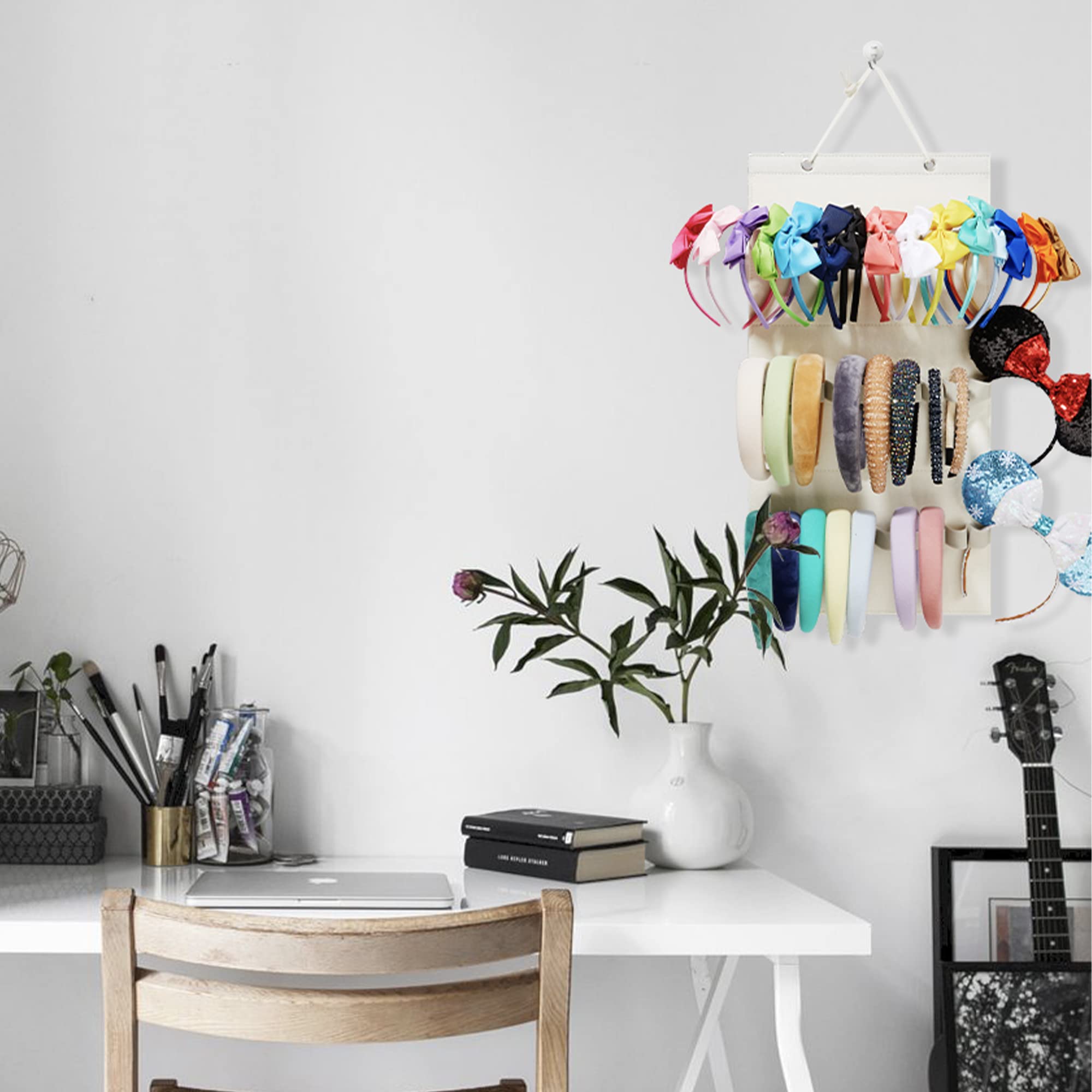30-Loop Hanging Headband Organizer for Women & Girls - Wall-Mounted Elastic Headband Holder Display - Space-Saving Home Storage Solution for Hair Accessories (Beige) - Perfect for Bedroom, Bathroom & Closet Organization