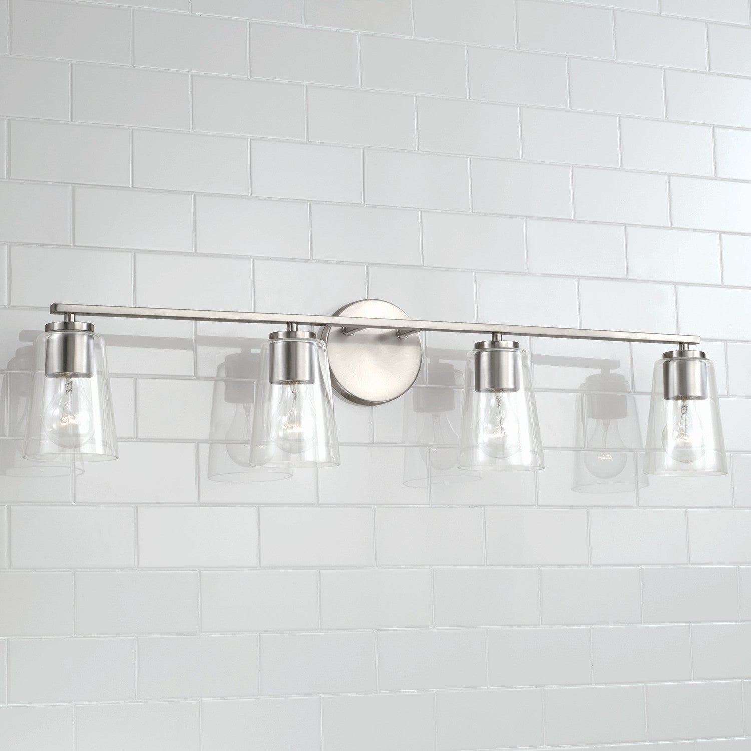 Capital Lighting Four Light Vanity - Modern Bathroom Light Fixture for Mirror, Dressing Table & Makeup Area - Brushed Nickel Finish, Adjustable Arms, Soft White LED Bulbs Included