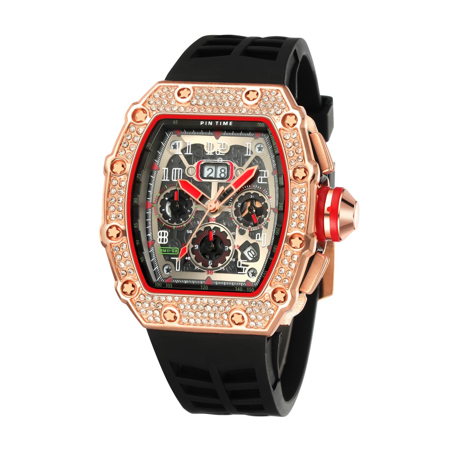 YXBQUEEN Men's Stainless Steel Diamond Chronograph Watch - Sporty Analog Quartz Timepiece with Big Rectangle Face - Perfect for Business, Casual Wear & Special Occasions