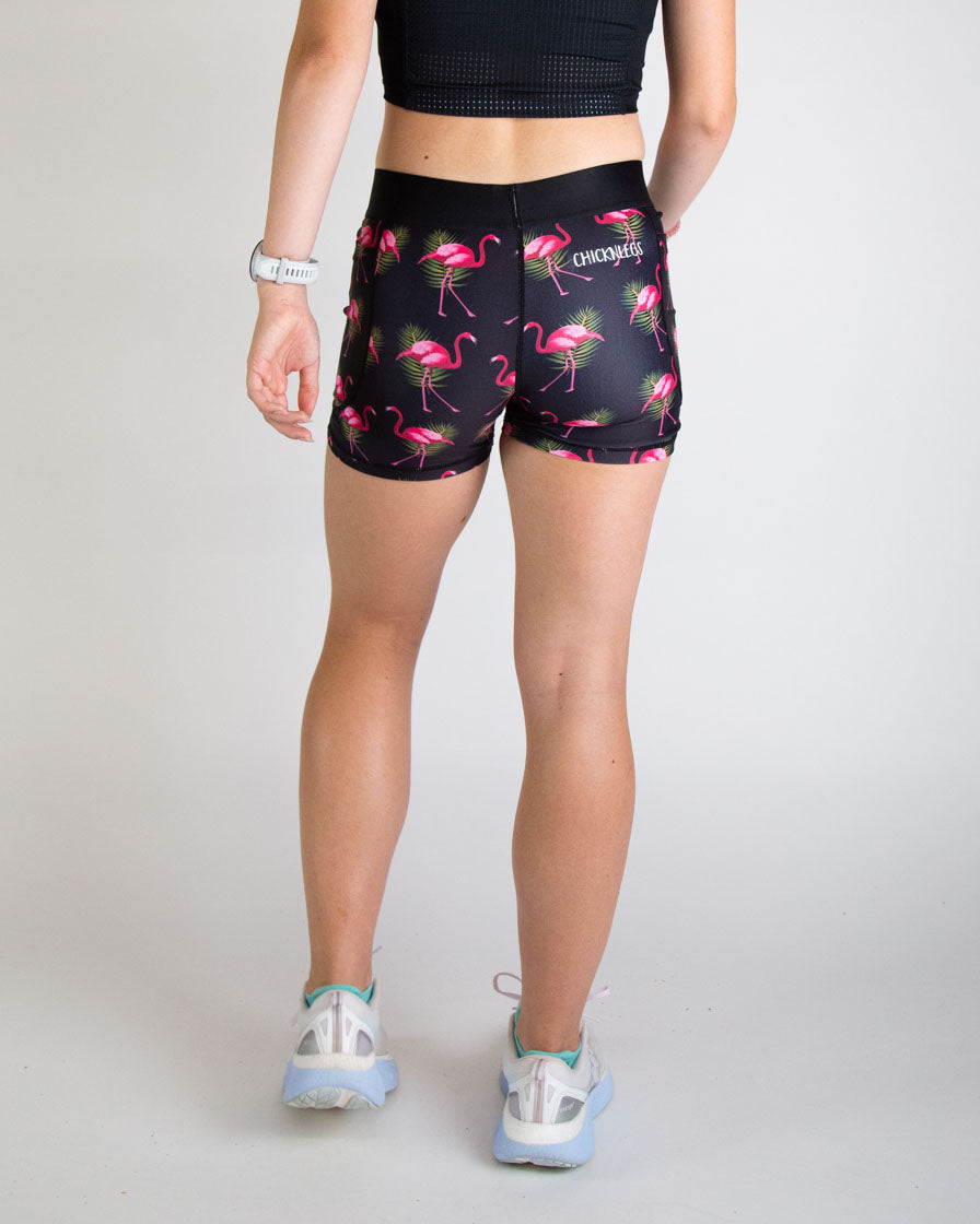 Women's High Waist 3-Pack Flamingo Print Compression Shorts - Moisture Wicking Workout & Yoga Leggings for Running, Gym & Activewear