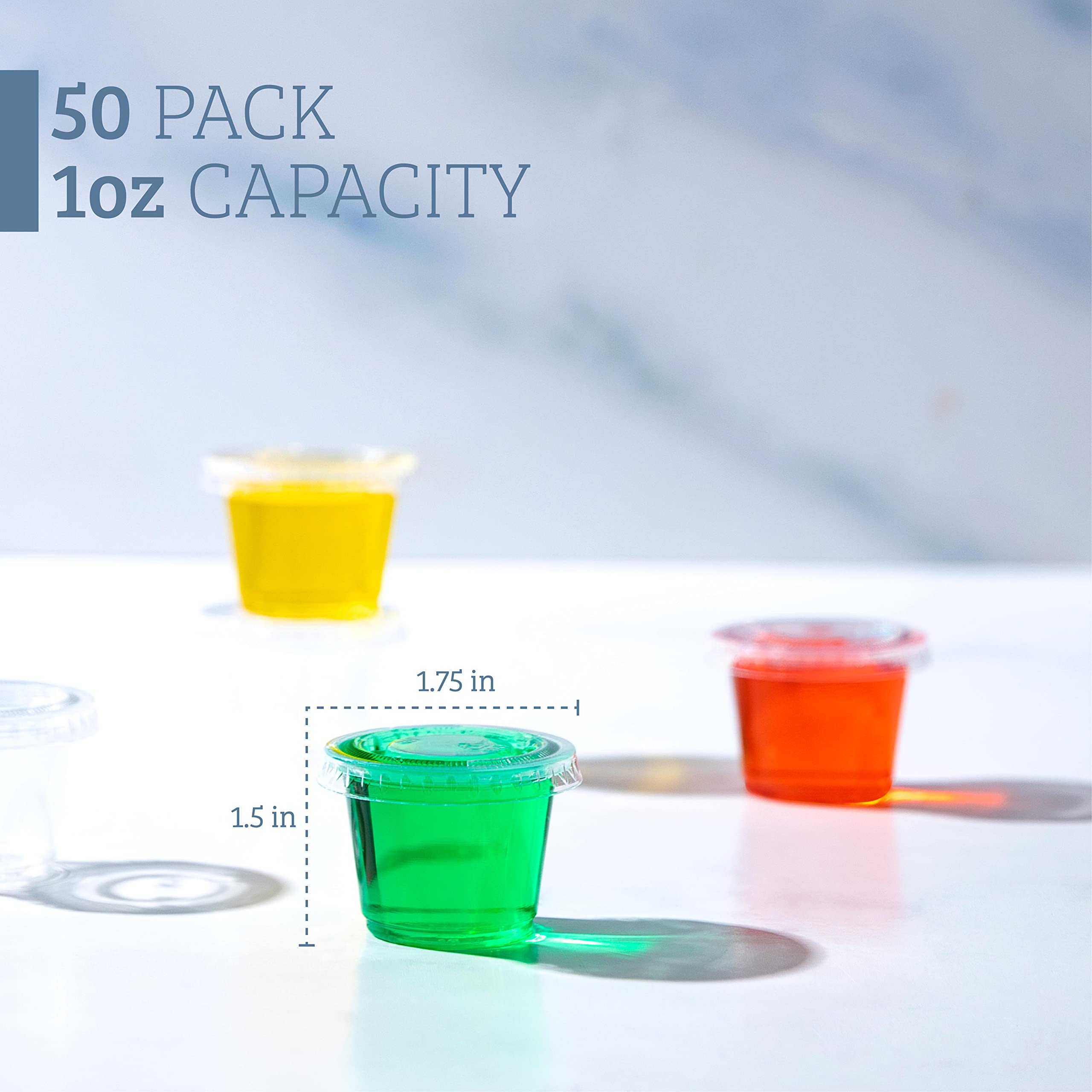 50-Pack 1 oz Plastic Jello Shot Cups with Lids - Small Condiment Containers for Sauces, Dressings, Portion Control - Perfect for Parties, Catering & Food Prep
