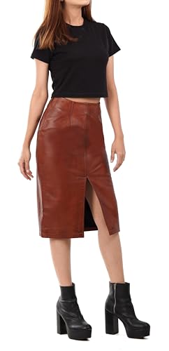 Deena - Cognac Leather High Waist Pencil Skirt