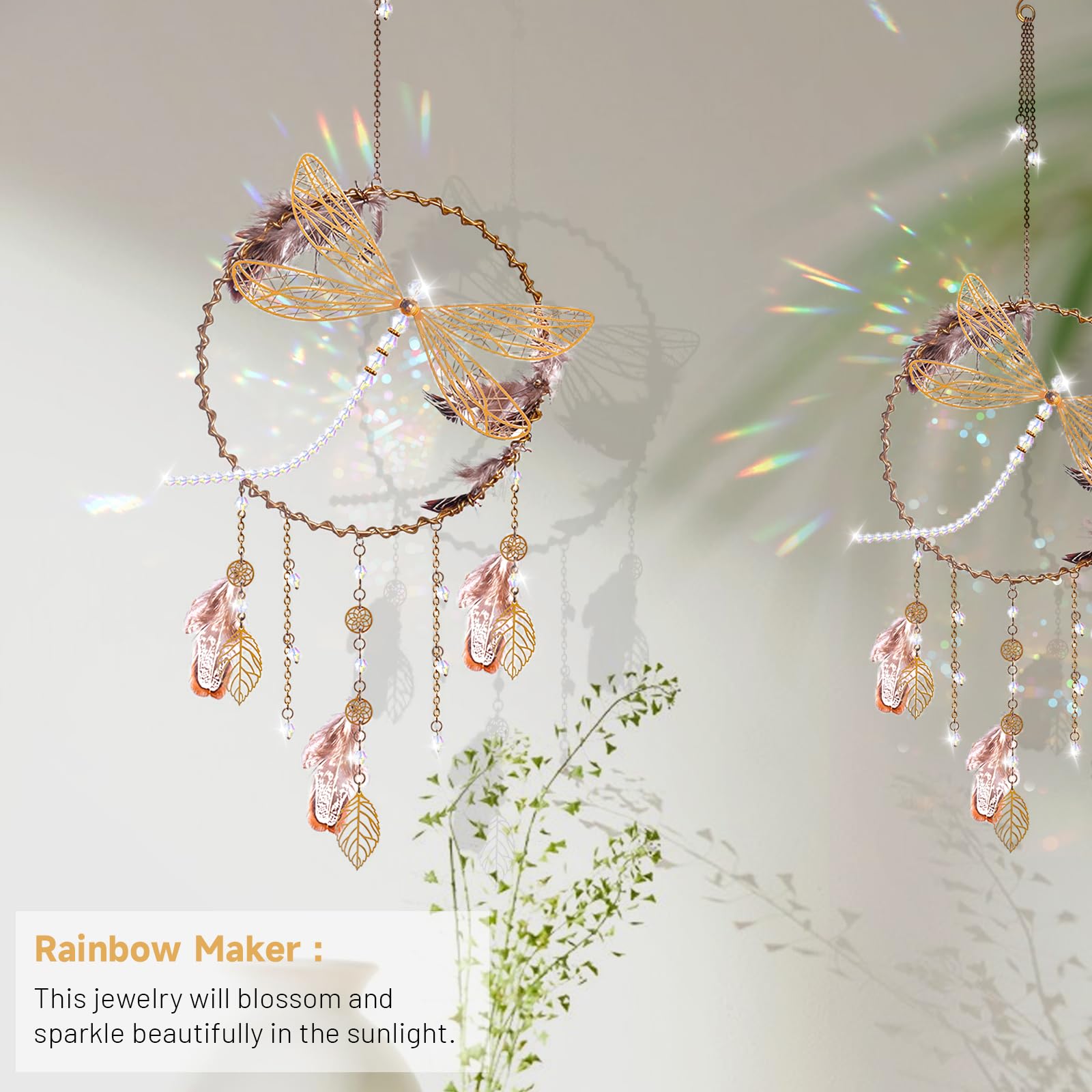 WEISIPU Dragonfly Hanging Ornament - Rainbow Maker Crystal Suncatcher for Home, Garden, Window, Christmas Tree Decor - Feather Wind Chime for Outdoor & Indoor Decoration