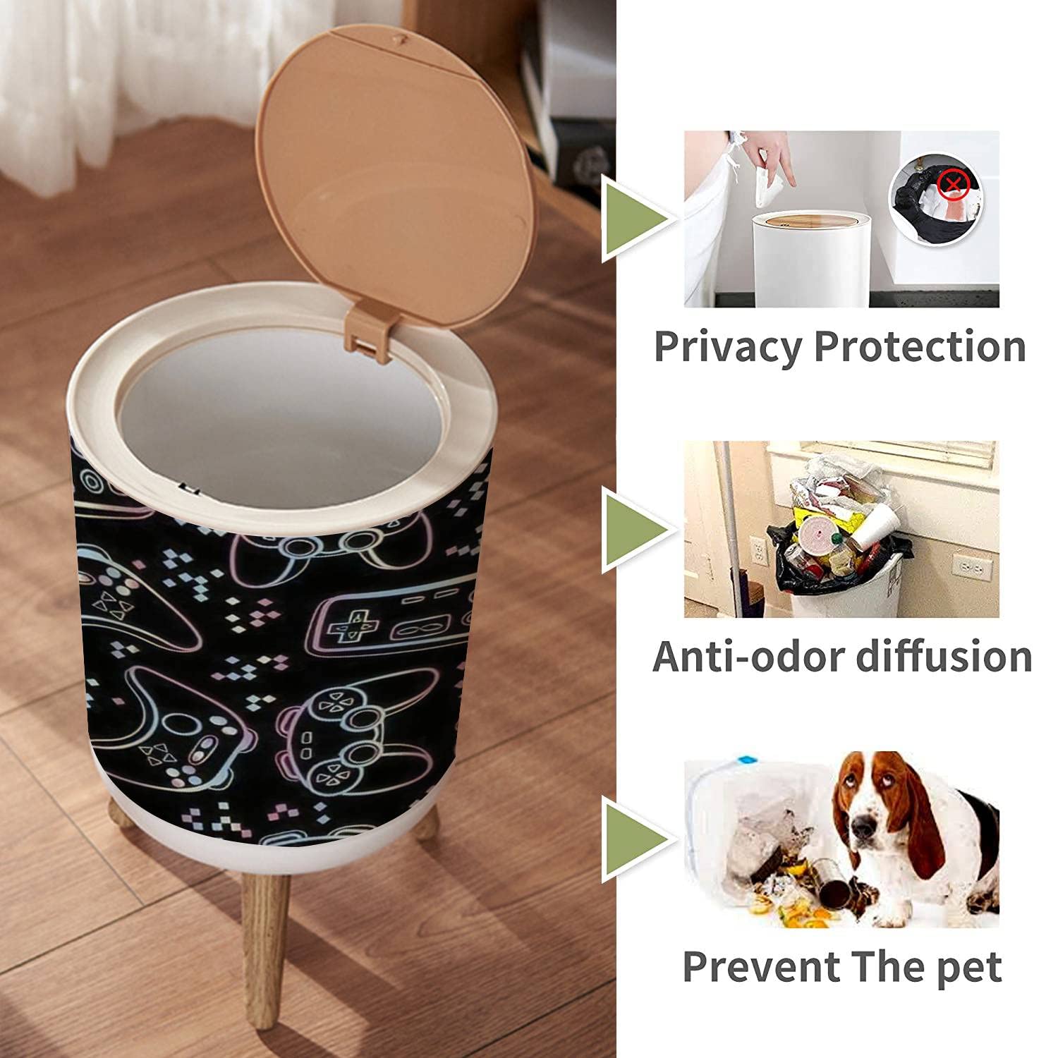 Small Round Trash Can with Lid - 7L/1.8 Gallon Wooden Waste Bin for Bathroom, Bedroom, Kitchen & Nursery - Cute Kawaii Design for Kids & Boys - Perfect for Gaming Rooms, Home Decor & Office Spaces (8.66x14.3 inches)