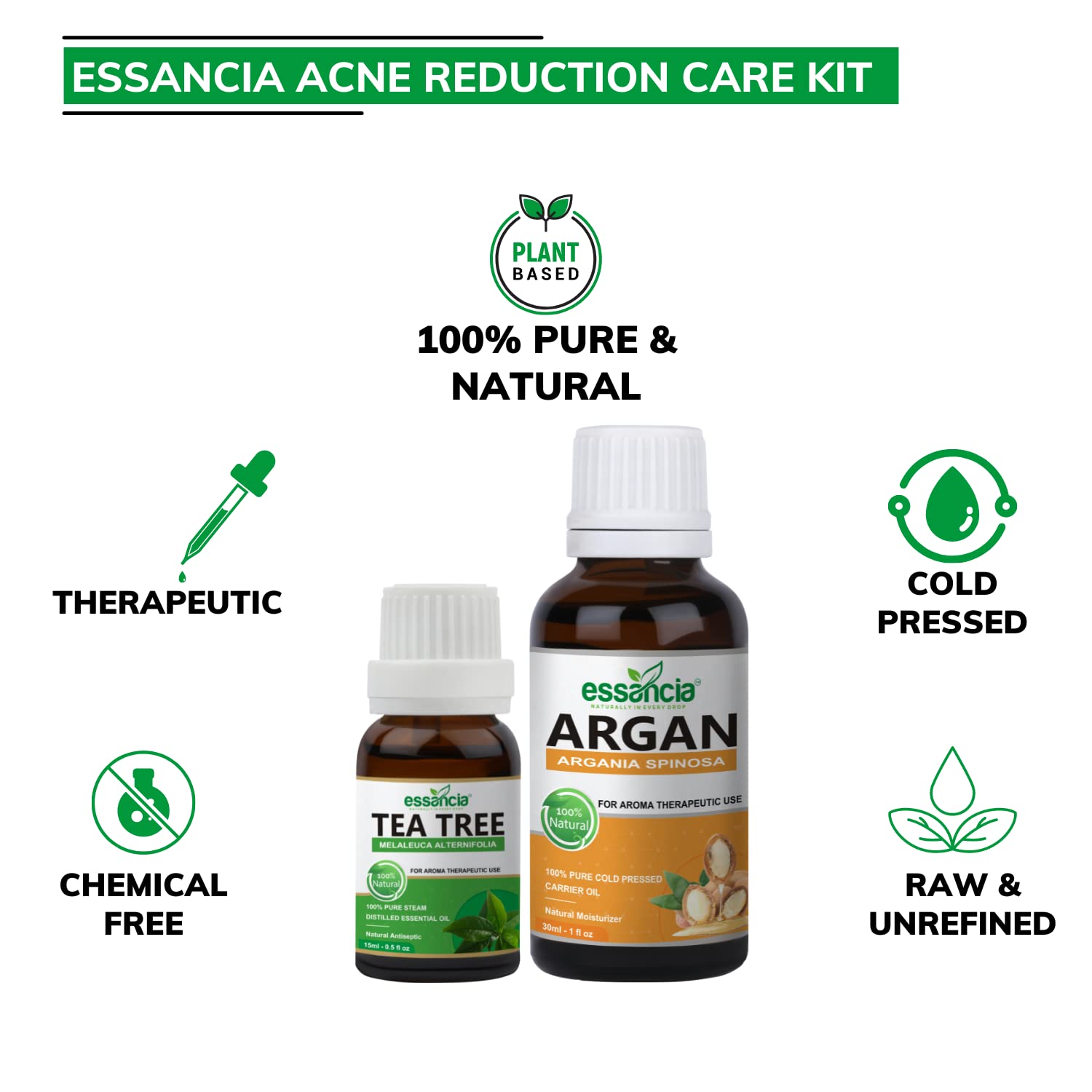Essencia Acne & Pimples Reduction Kit with Tea Tree & Argan Oil - Natural Treatment for Acne, Oily Skin & Healthy Complexion - 100% Pure Undiluted Essential Oils Set (45ml) - Perfect for Daily Skincare Routine & Blemish Control