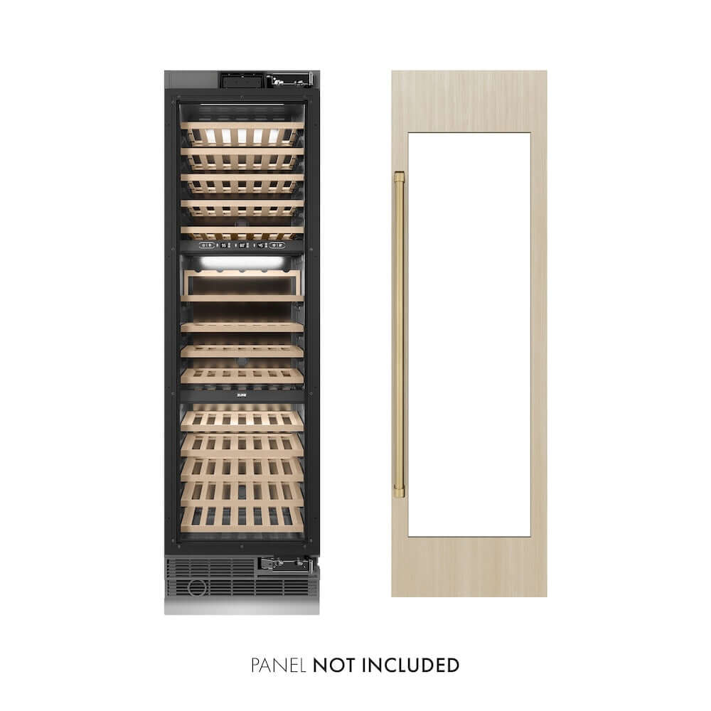 ZLINE Autograph Edition 24 Inch 12.4 Cu Ft Triple Zone 100 Bottle Panel Ready Column Wine Cooler with Champagne Bronze Accents - Perfect for Wine Cellars, Restaurants, and Home Bars (RBCWVZ 24 CB)
