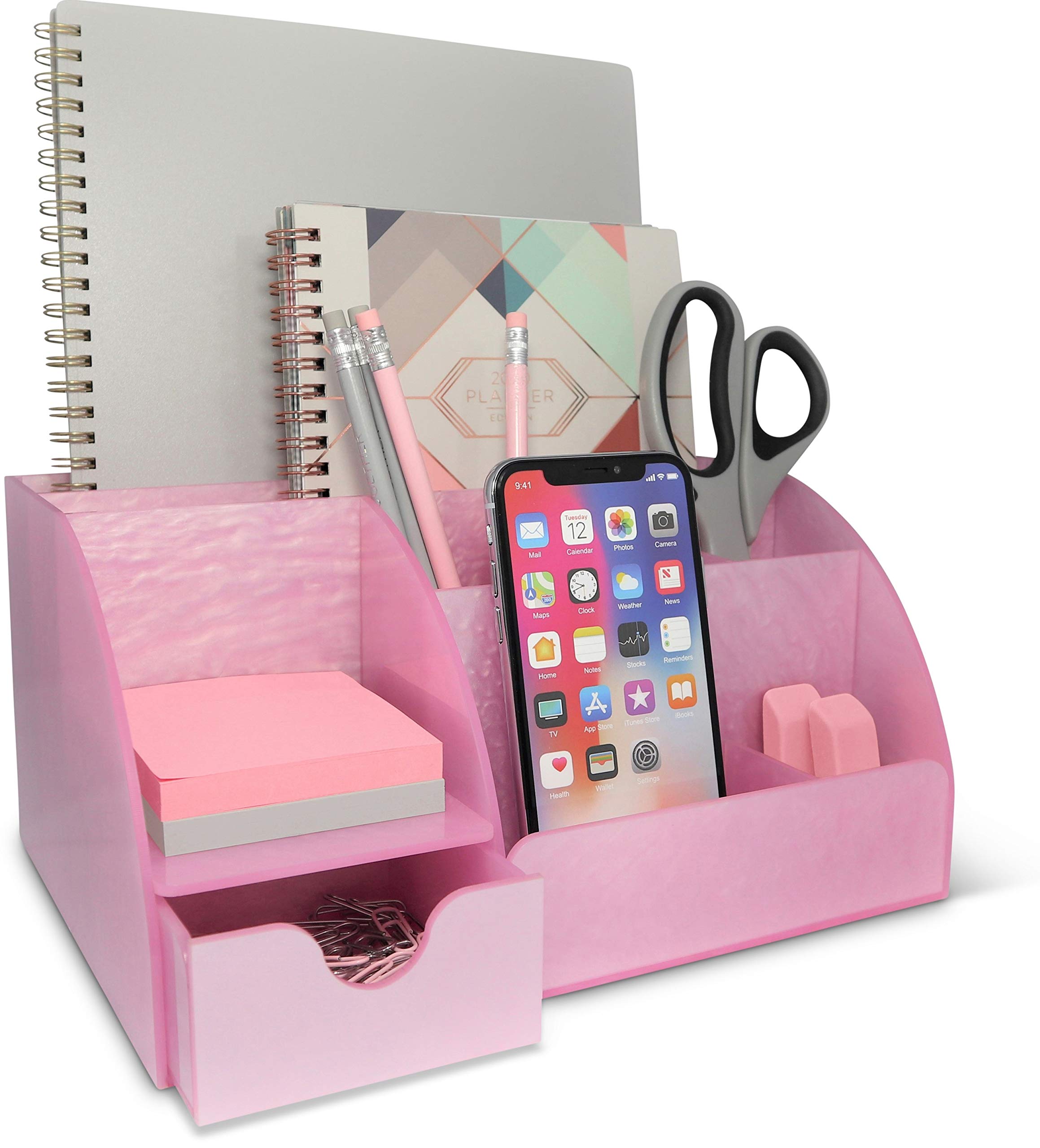 Pink Acrylic Desk Organizer with 9 Compartments & Drawer - Office Supplies Storage, Pen Holder & Cool Desktop Accessories for Home, School & Workspace Organization