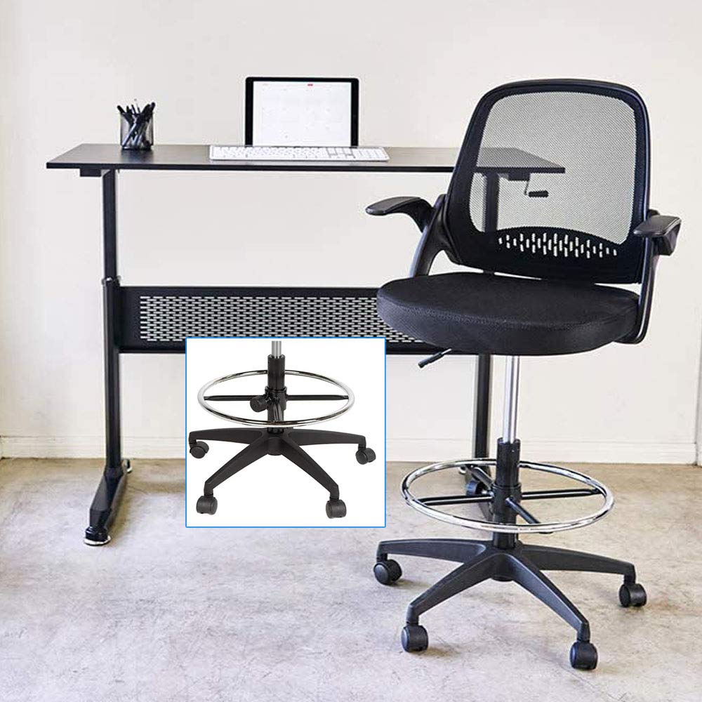 Ergonomic Adjustable Height Drafting Chair for Standing Desk - Mesh Back Office Chair with Flip-Up Arms, Foot Ring & Lumbar Support - Mid Back Rolling Swivel Computer Stool for Home & Office Workspaces (Black) - Perfect for Architects, Designers & Long Work Sessions