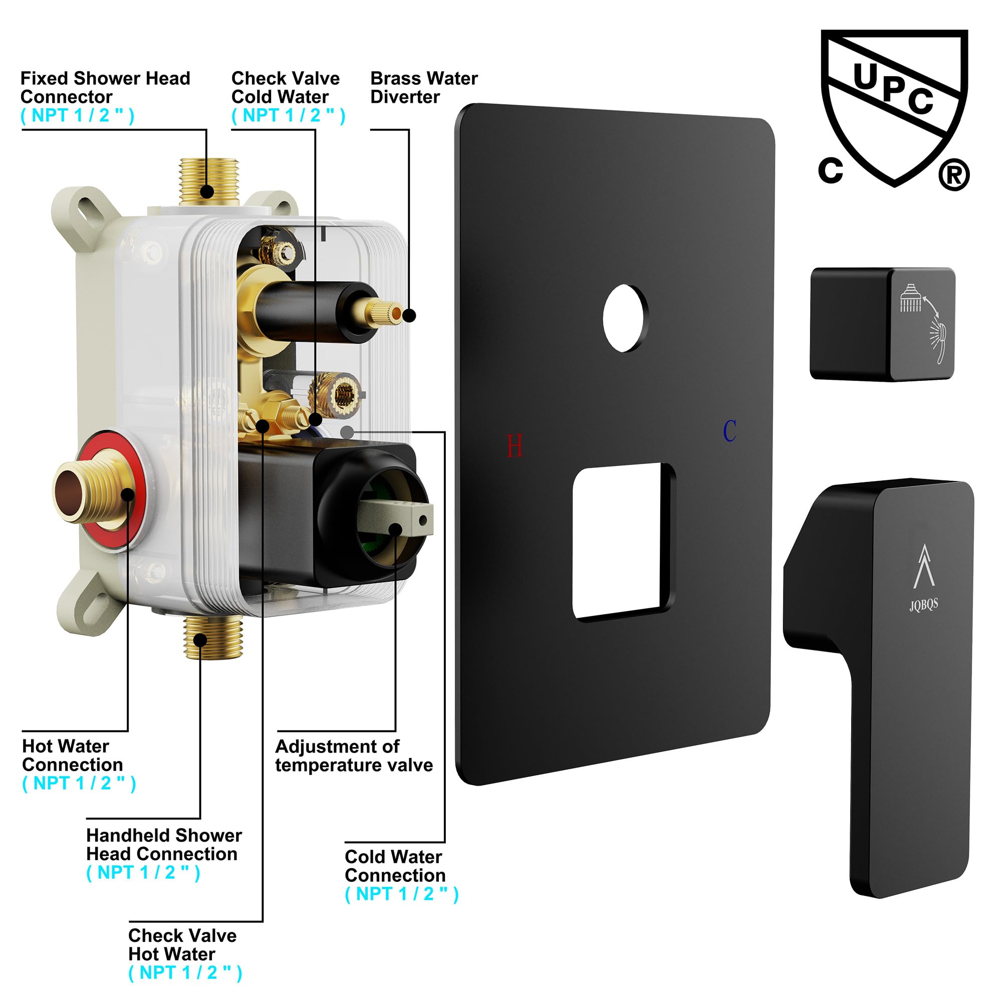 Modern Brass Rain Shower System - High Pressure Square Rainfall Shower Valve with Handheld Sprayer, Diverter & Wall Mount (12 Inch, Matte Black) - Perfect for Luxury Bathrooms & Spa-Like Shower Experience