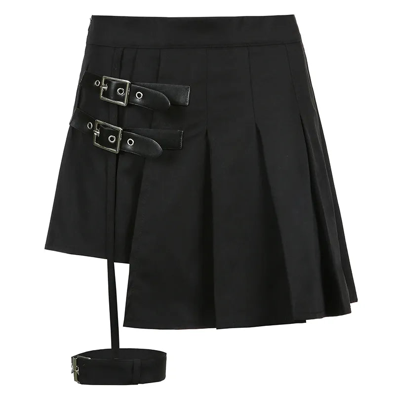 Punk Style Black Pleated Asymmetrical Skirt for Women | High Waist Buckle Detail | Gothic Mini Skirt for Summer | Perfect for Parties, Concerts & Night Out