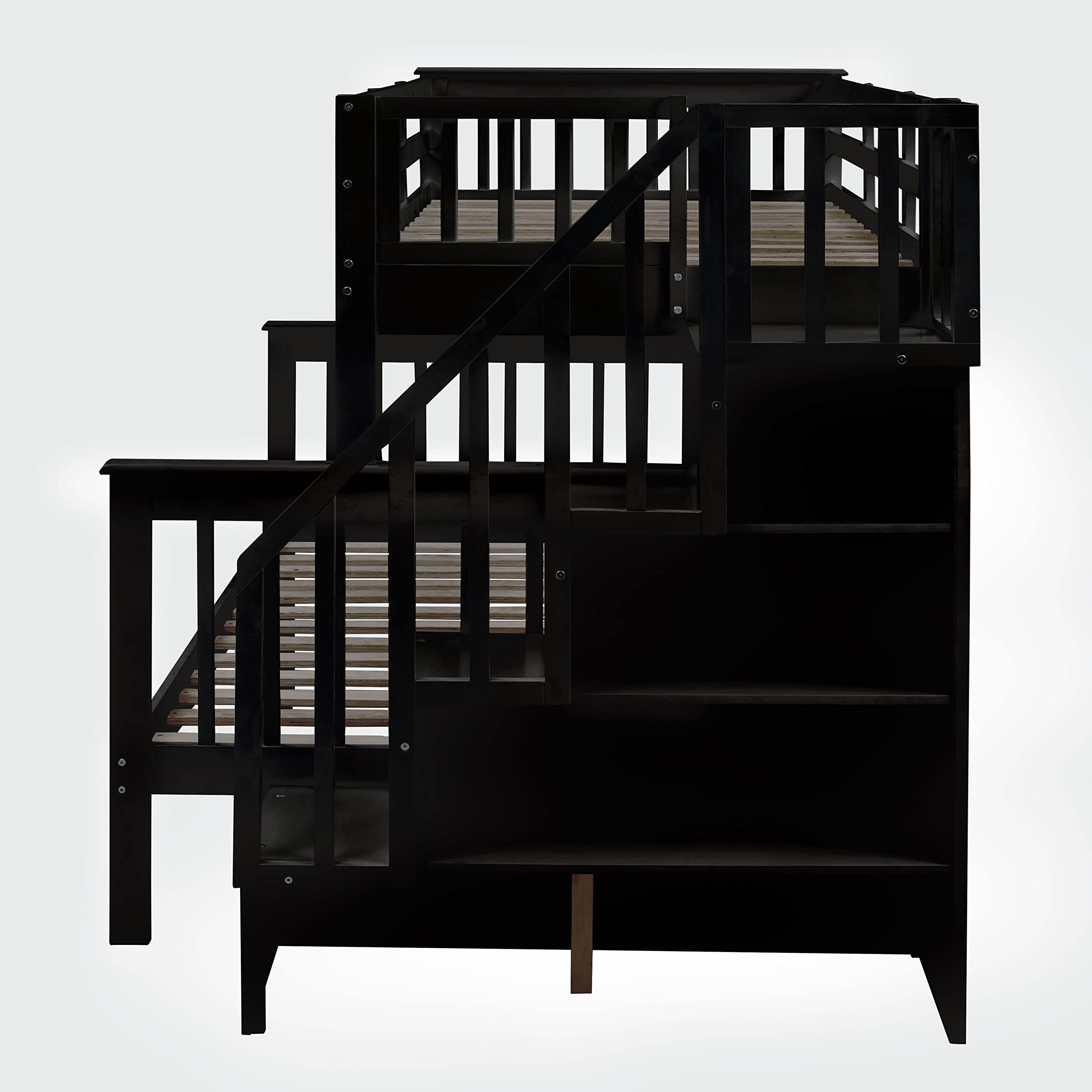 Twin Over Full Bunk Bed with Trundle & Storage Stairs - Solid Wood Loft Bed with Guard Rail & Shelves for Adults - Space Saving Bedroom, Dorm, Kids Room Furniture (Espresso Finish) - Perfect for Small Spaces, Guest Rooms & Shared Bedrooms