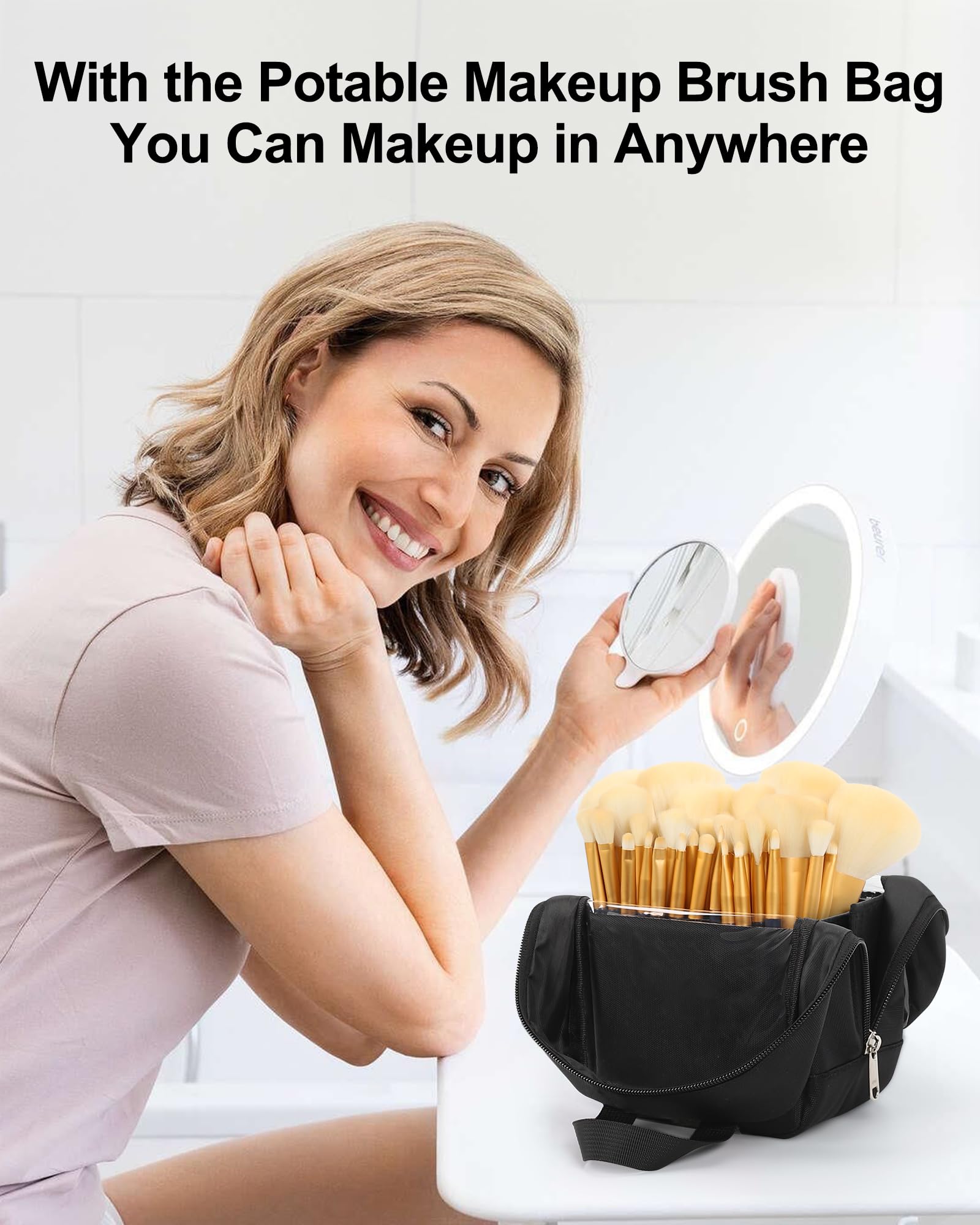 MONSTINA Large Capacity Makeup Brush Organizer Bag - Portable Stand-Up Cosmetic Brush Holder with Dust-Proof TPU Clear Case | Professional Artist Brush Storage for Travel & Home Vanity Organization
