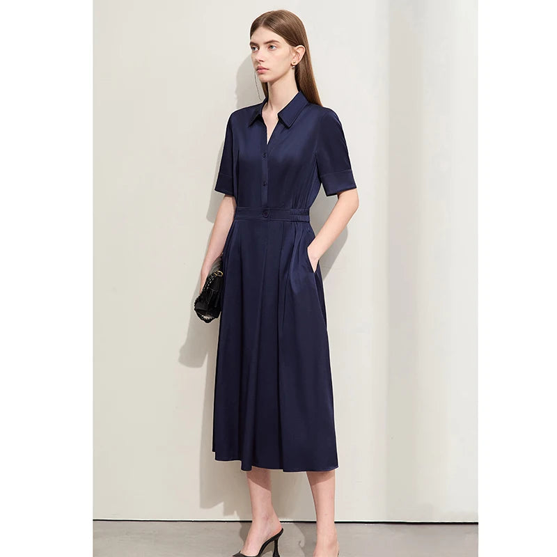 Elegant Minimalist Silk Dress for Women - Summer Light Luxury Lapel Half Placket Stretch Long Shirt Dress | Perfect for Office Wear, Date Nights & Special Occasions
